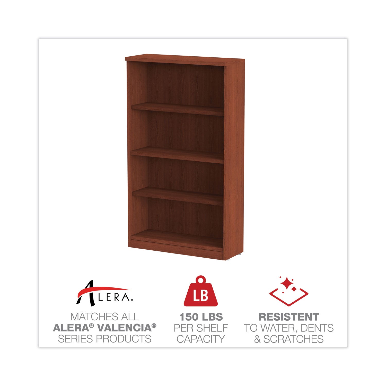 Alera Valencia Series Bookcase, Four-Shelf, 31.75w x 14d x 54.88h, Medium Cherry - 