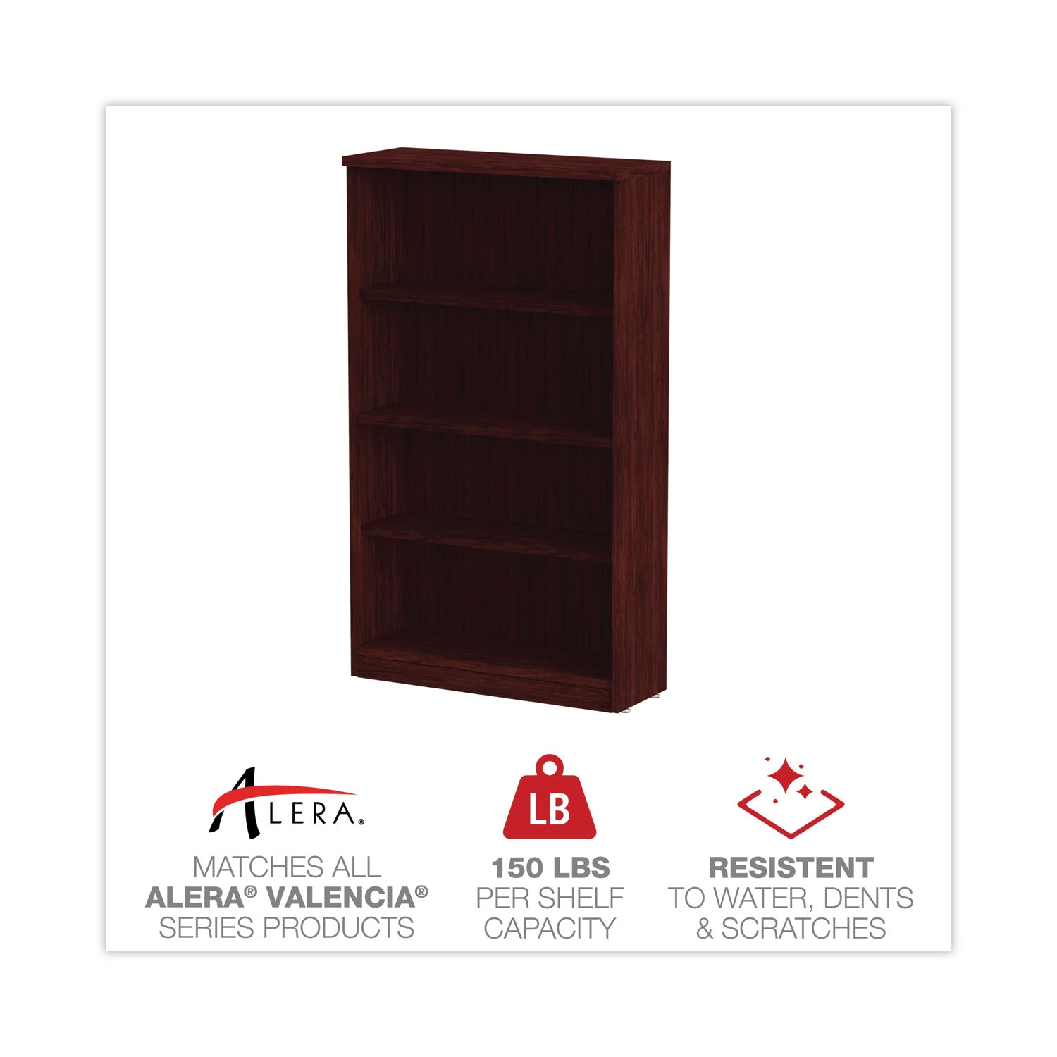 Alera Valencia Series Bookcase, Four-Shelf, 31.75w x 14d x 54.88h, Mahogany