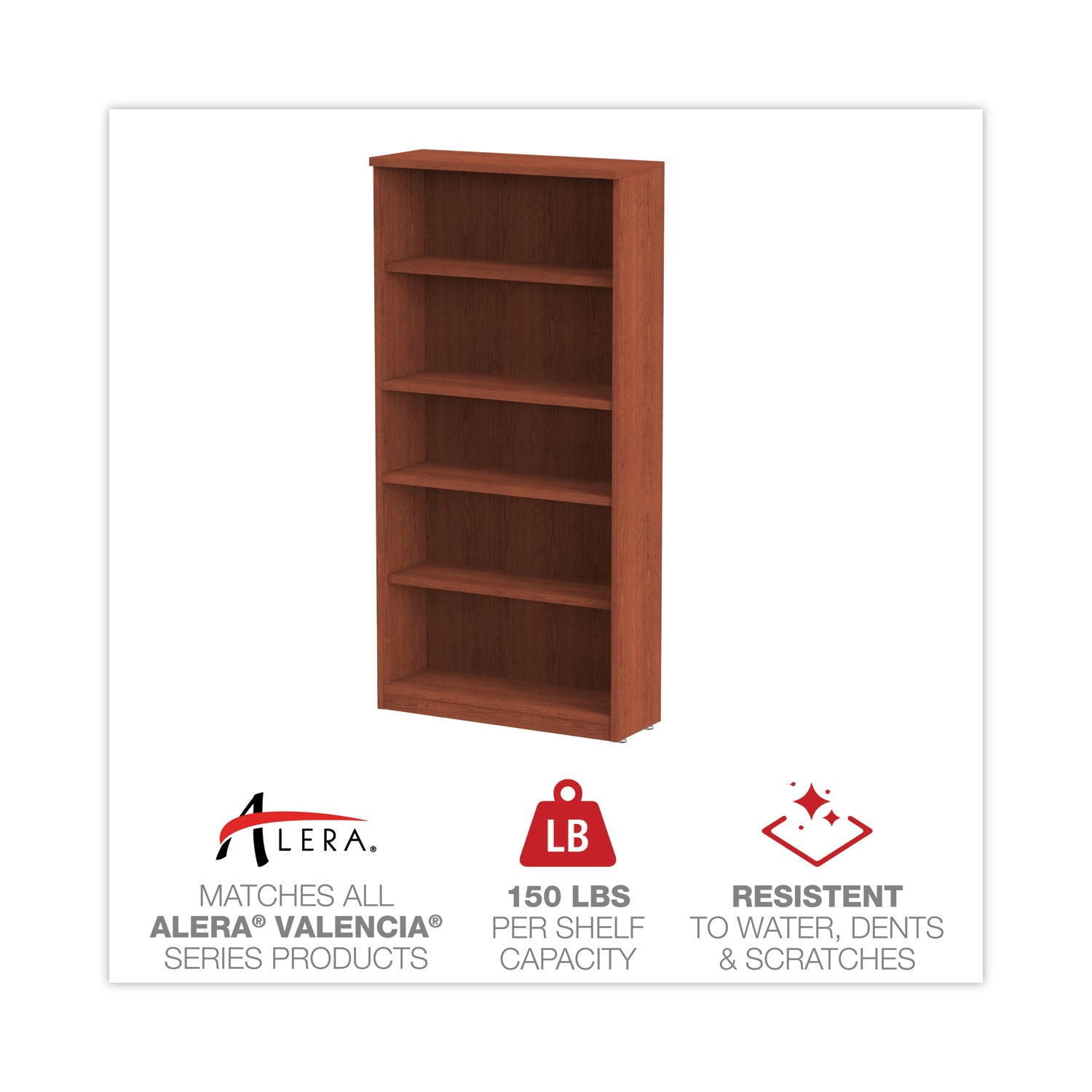Alera Valencia Series Bookcase, Five-Shelf, 31.75w x 14d x 64.75h, Medium Cherry - 
