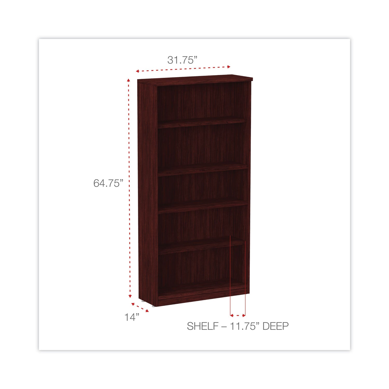 Alera Valencia Series Bookcase, Five-Shelf, 31.75w x 14d x 64.75h, Mahogany - 