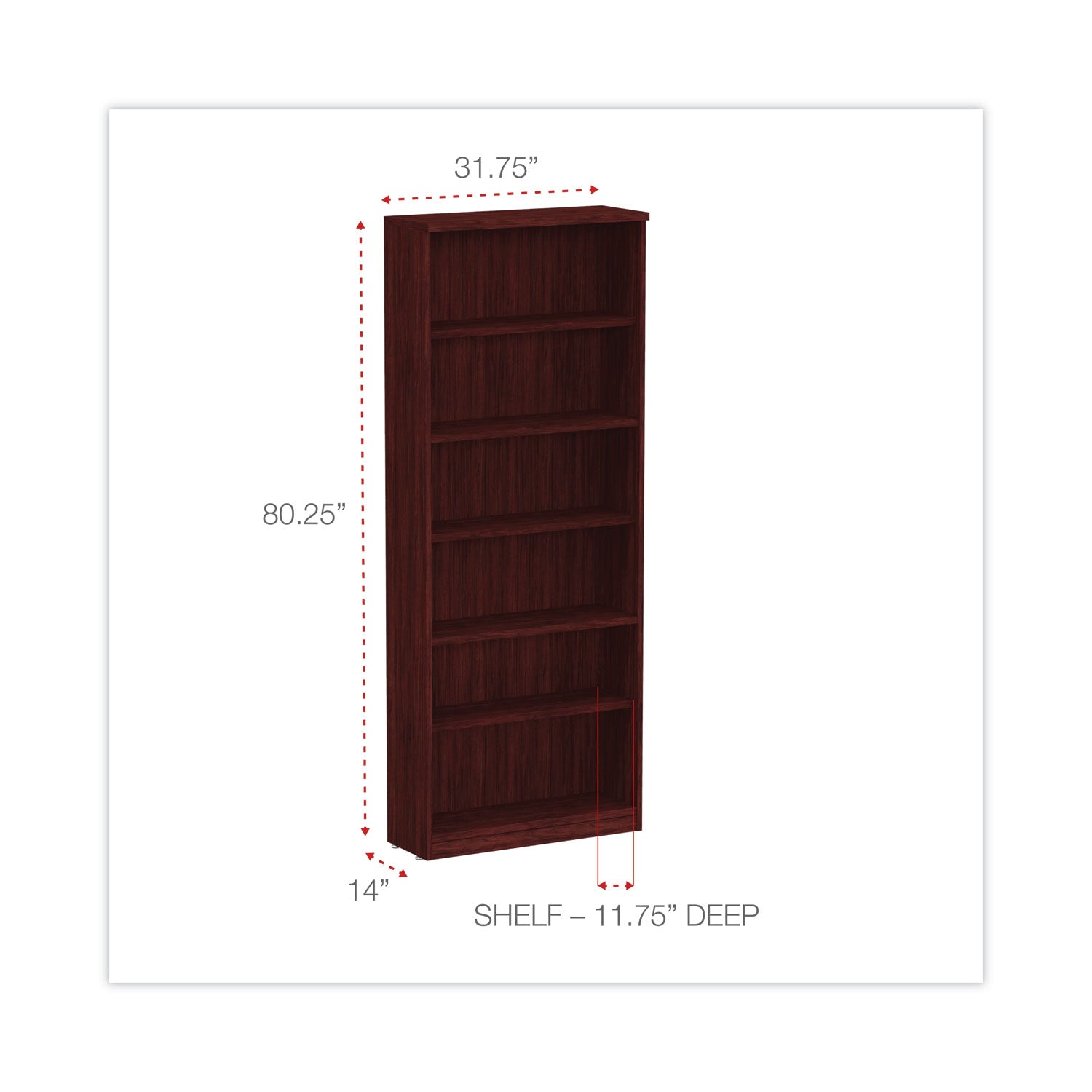 Alera Valencia Series Bookcase, Six-Shelf, 31.75w x 14d x 80.25h, Mahogany - 