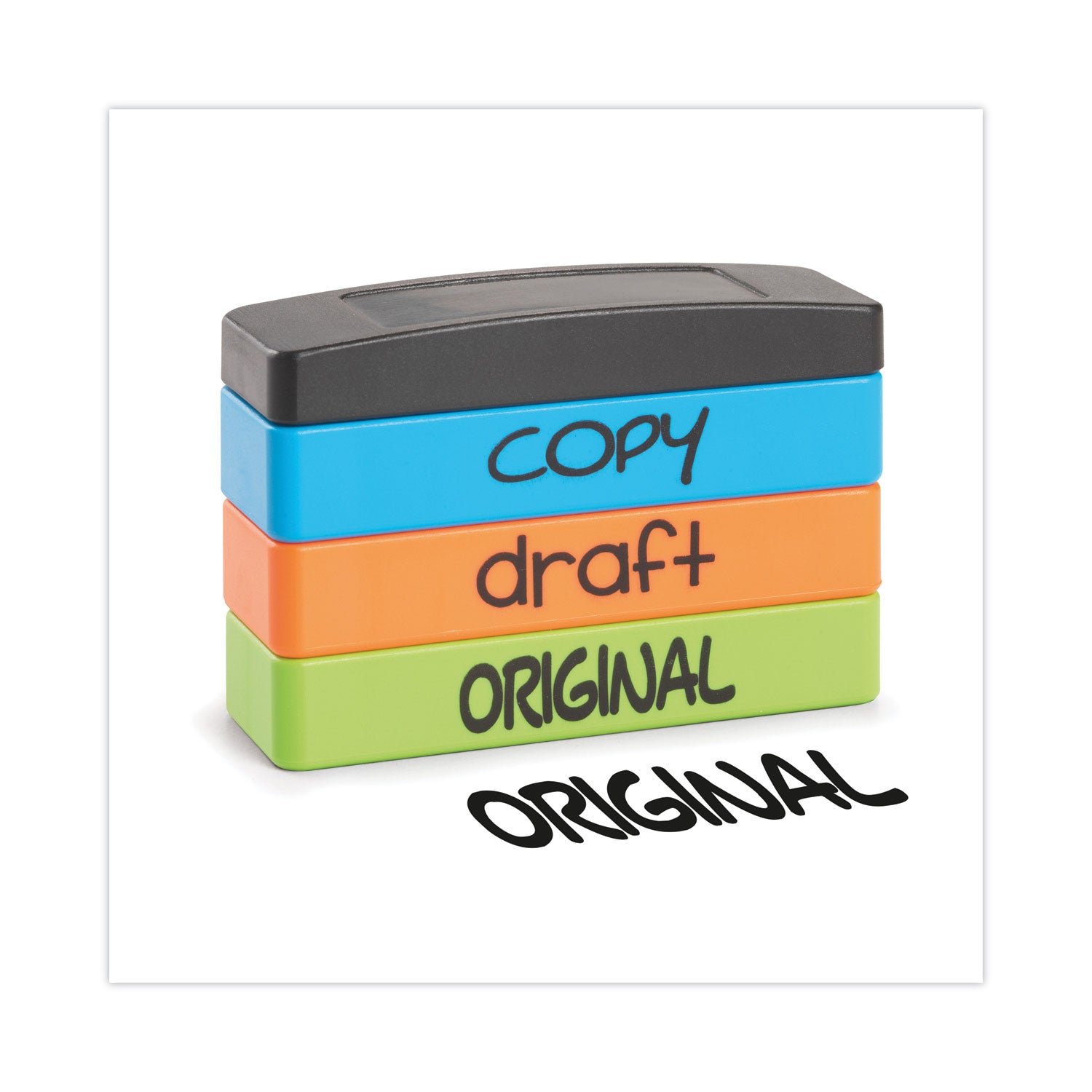 Interlocking Stack Stamp, COPY, DRAFT, ORIGINAL, 1.81" x 0.63", Assorted Fluorescent Ink - 