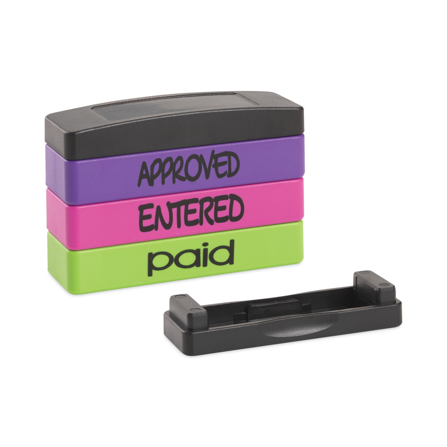 Interlocking Stack Stamp, APPROVED, ENTERED, PAID, 1.81" x 0.63", Assorted Fluorescent Ink - 