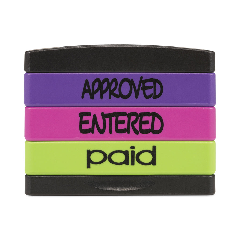 Interlocking Stack Stamp, APPROVED, ENTERED, PAID, 1.81" x 0.63", Assorted Fluorescent Ink