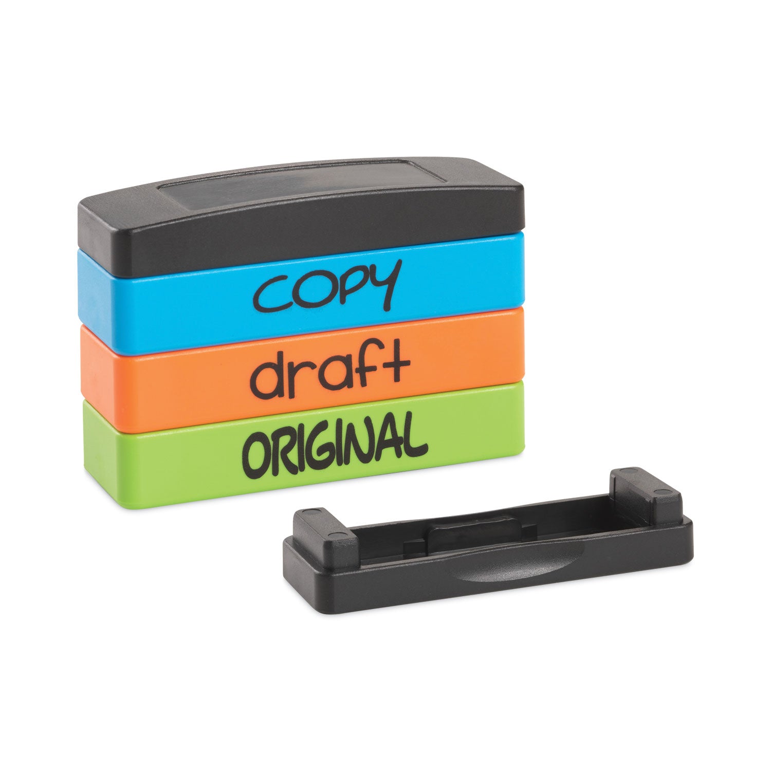 Interlocking Stack Stamp, COPY, DRAFT, ORIGINAL, 1.81" x 0.63", Assorted Fluorescent Ink - 