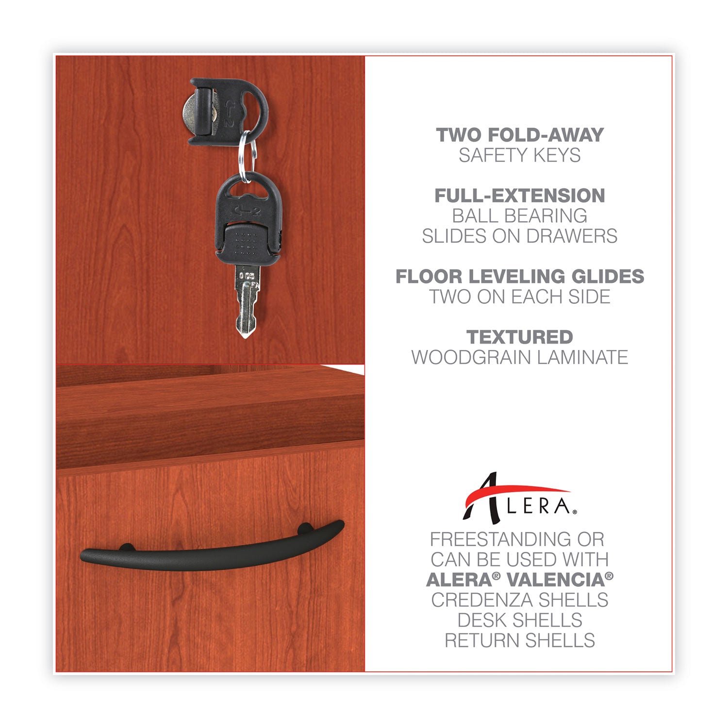 Alera Valencia Series Full Pedestal File, Left/Right, 3-Drawers: Box/Box/File, Legal/Letter, Cherry, 15.63" x 20.5" x 28.5