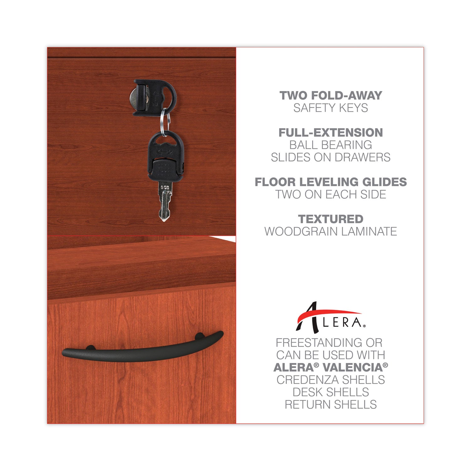Alera Valencia Series Full Pedestal File, Left/Right, 2 Legal/Letter-Size File Drawers, Medium Cherry, 15.63" x 20.5" x 28.5