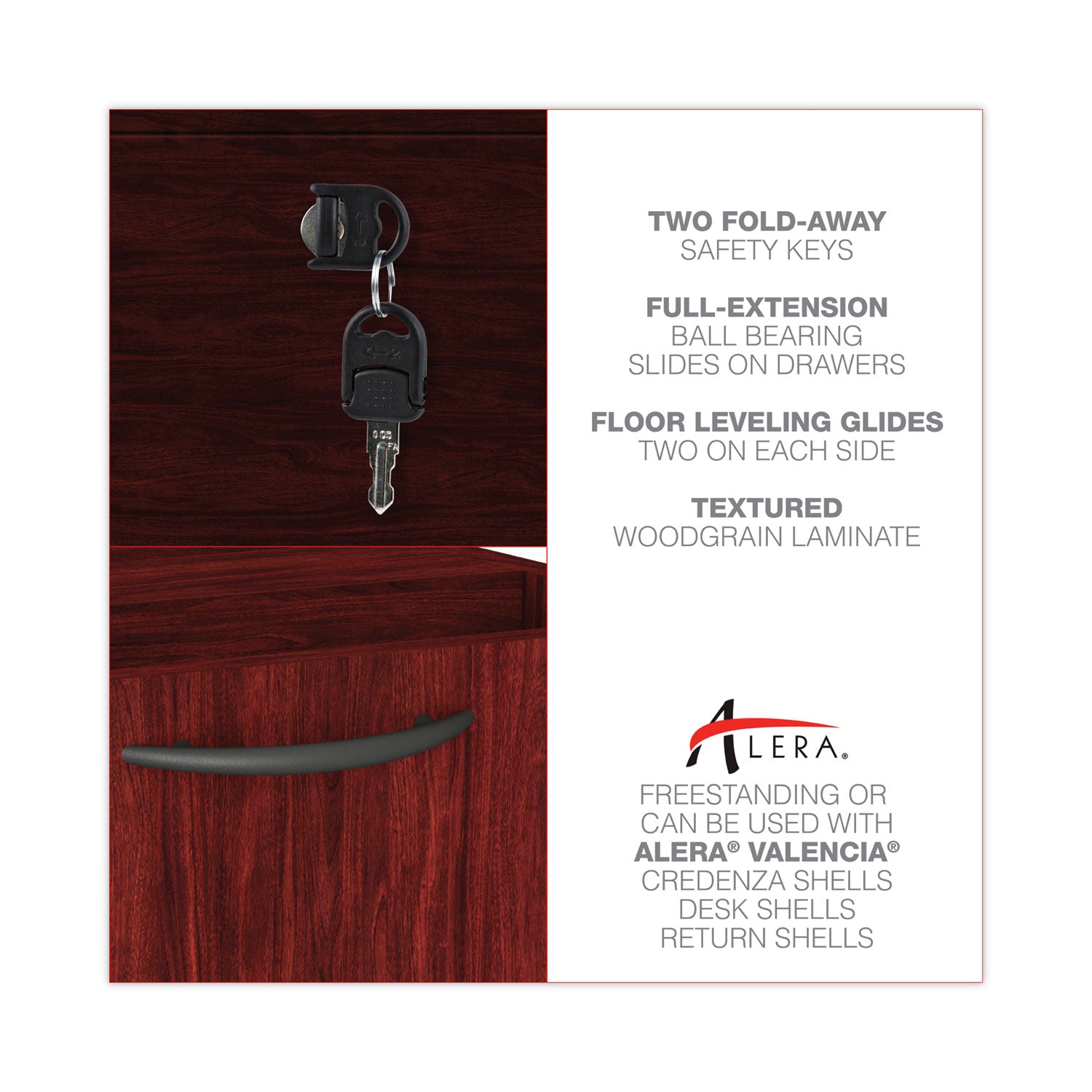Alera Valencia Series Full Pedestal File, Left or Right, 2 Legal/Letter-Size File Drawers, Mahogany, 15.63" x 20.5" x 28.5