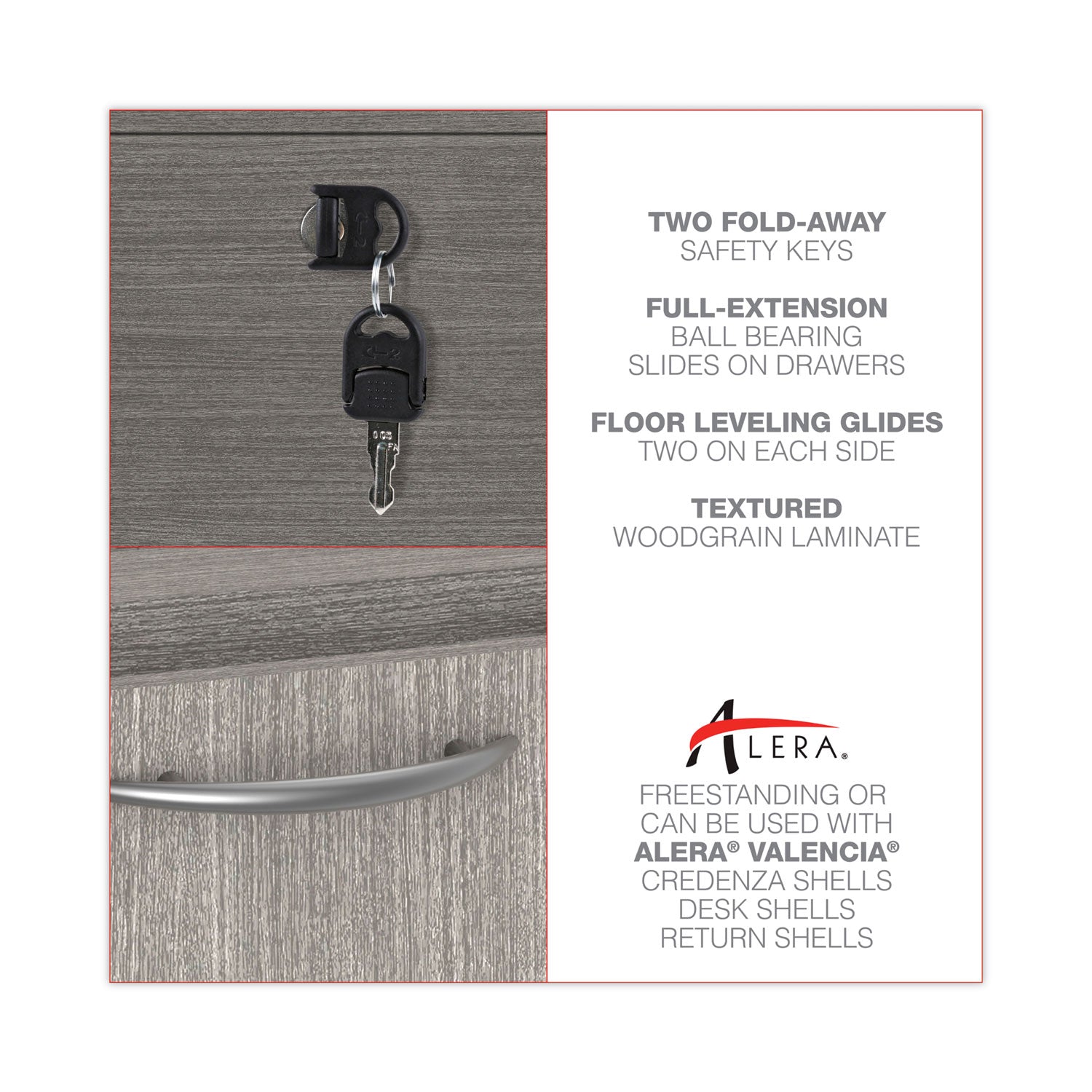 Alera Valencia Series Full Pedestal File, Left or Right, 2 Legal/Letter-Size File Drawers, Gray, 15.63" x 20.5" x 28.5