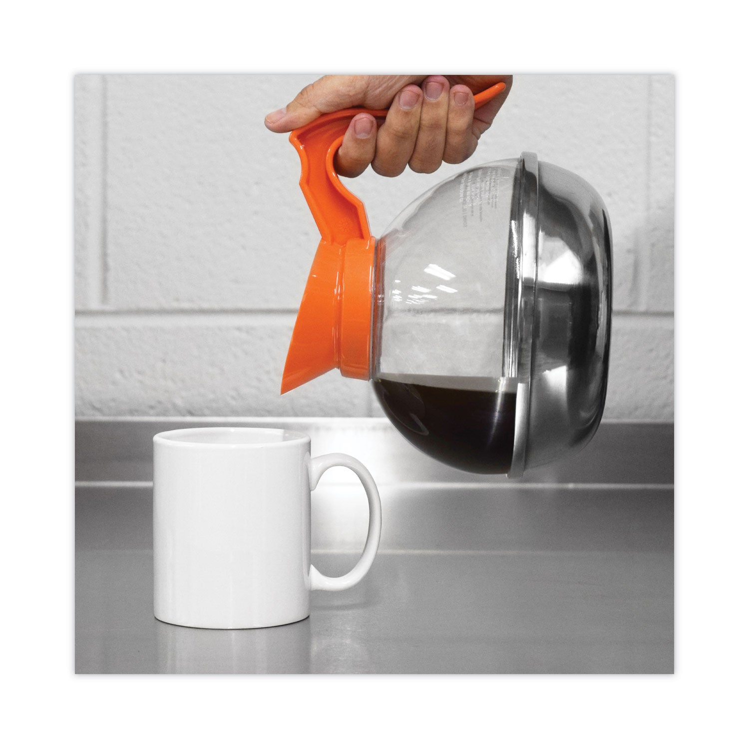 Unbreakable Decaffeinated Coffee Decanter, 12-Cup, Stainless Steel/Polycarbonate, Orange Handle - 