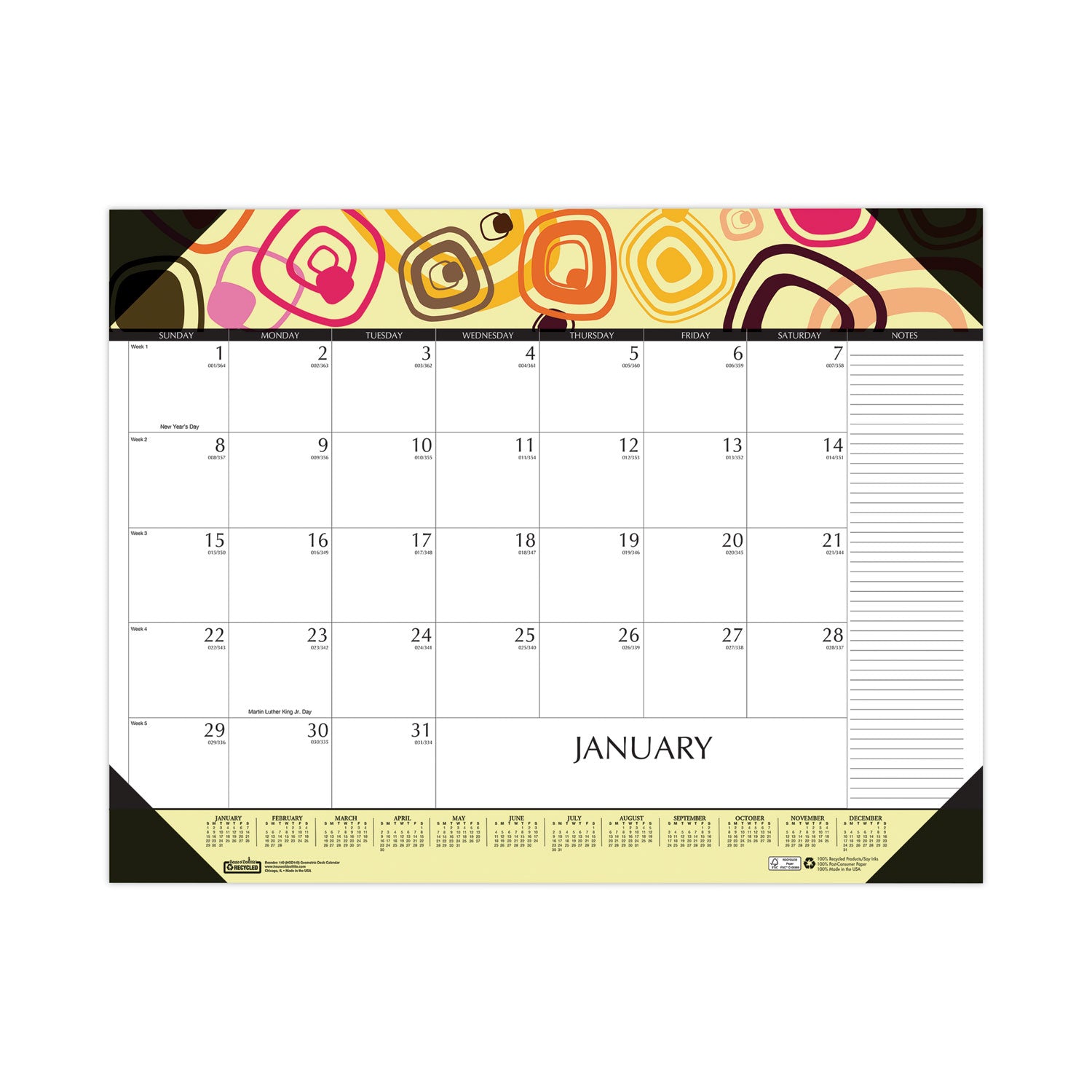 Recycled Desk Pad Calendar, Geometric Artwork, 22 x 17, White Sheets, Black Binding/Corners,12-Month (Jan to Dec): 2024
