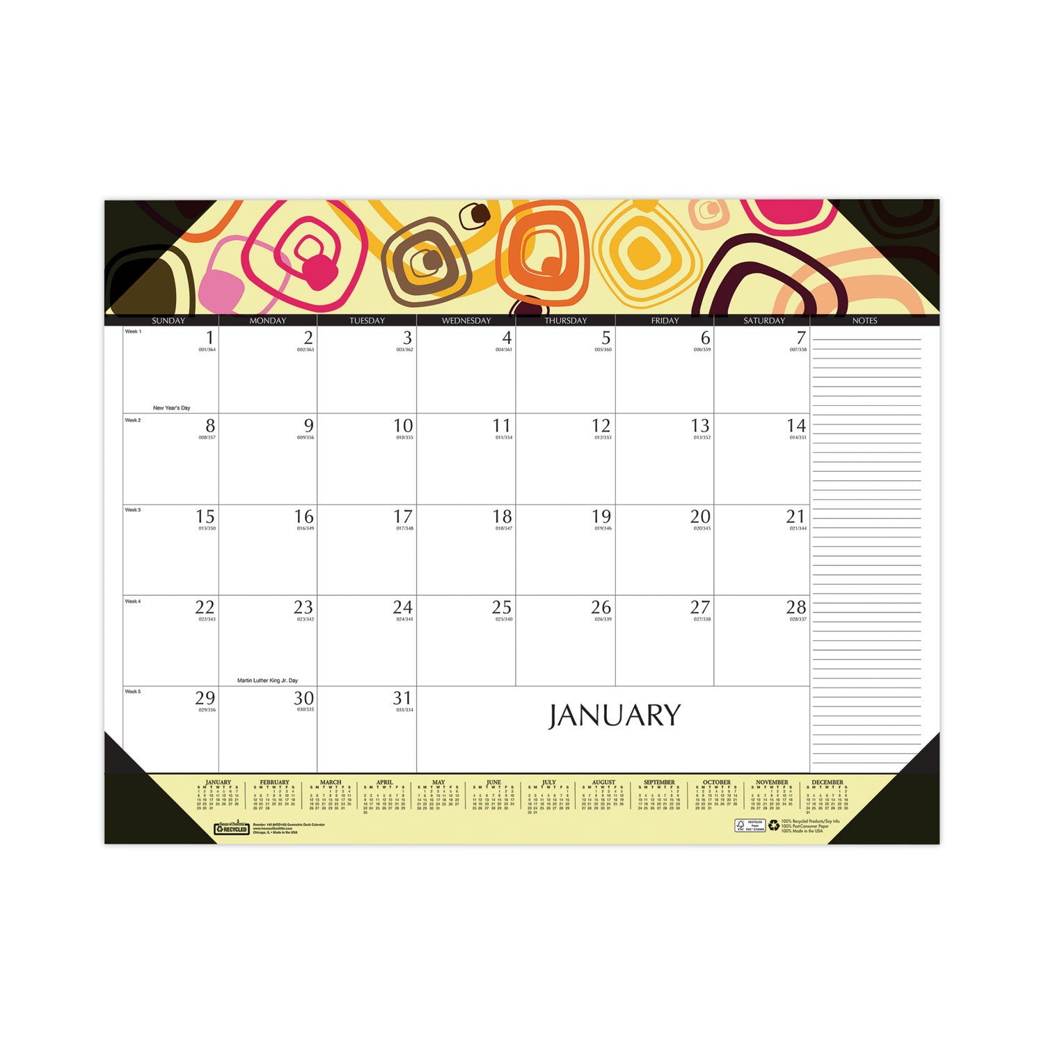 recycled-desk-pad-calendar-geometric-artwork-22-x-17-white-sheets-black-binding-corners12-month-jan-to-dec-2024_hod149 - 1