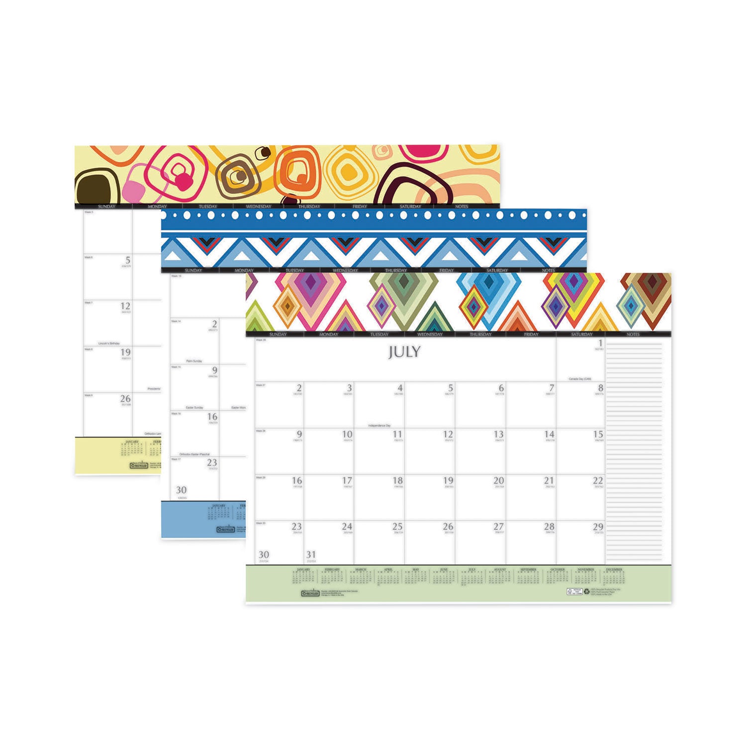 Recycled Desk Pad Calendar, Geometric Artwork, 22 x 17, White Sheets, Black Binding/Corners,12-Month (Jan to Dec): 2024