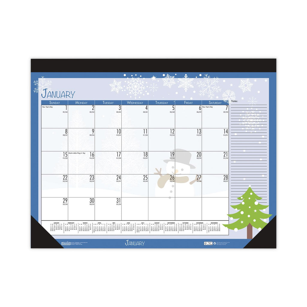 Recycled Desk Pad Calendar, Illustrated Seasons Artwork, 18.5 x 13, Black Binding/Corners,12-Month (Jan to Dec): 2024