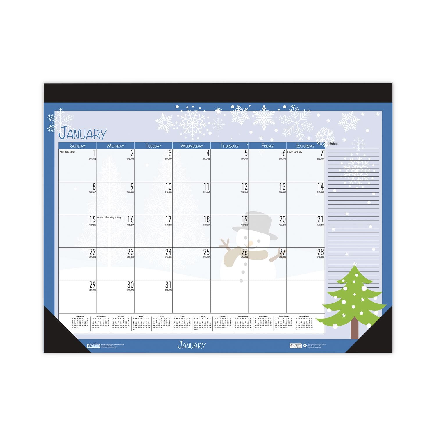 Recycled Desk Pad Calendar, Illustrated Seasons Artwork, 18.5 x 13, Black Binding/Corners,12-Month (Jan to Dec): 2024