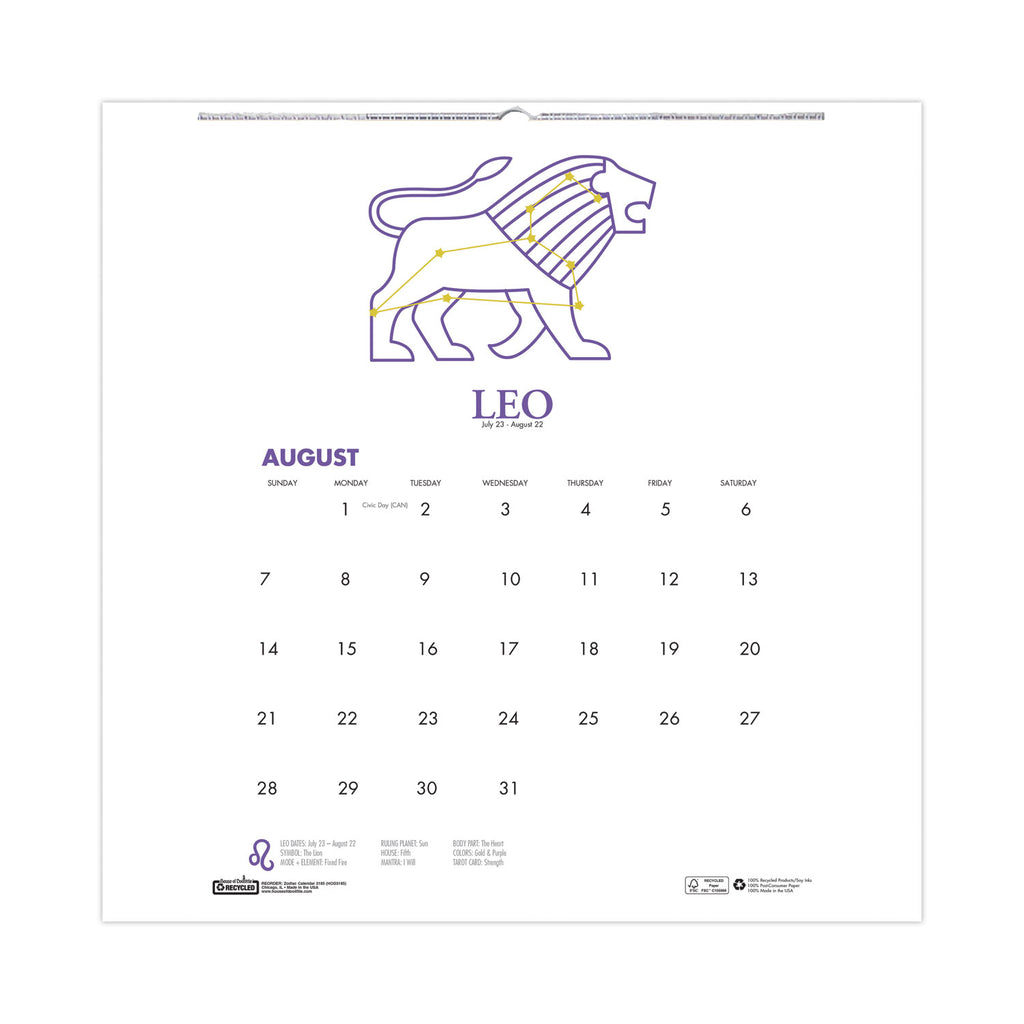 Recycled Academic Zodiac Wall Calendar, 11 x 14, Multicolor Sheets, 12-Month (Aug to July): 2023 to 2024