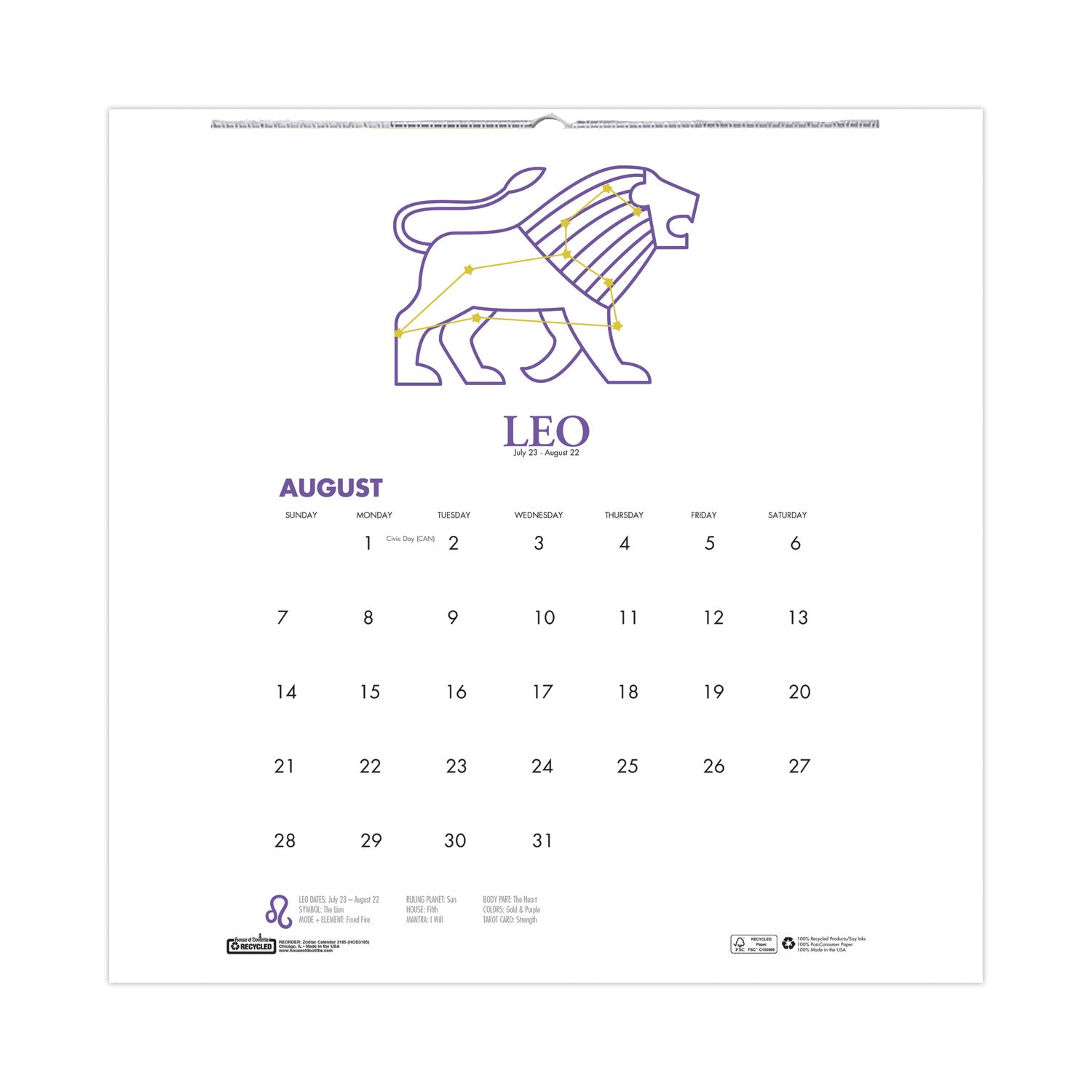 Recycled Academic Zodiac Wall Calendar, 11 x 14, Multicolor Sheets, 12-Month (Aug to July): 2023 to 2024