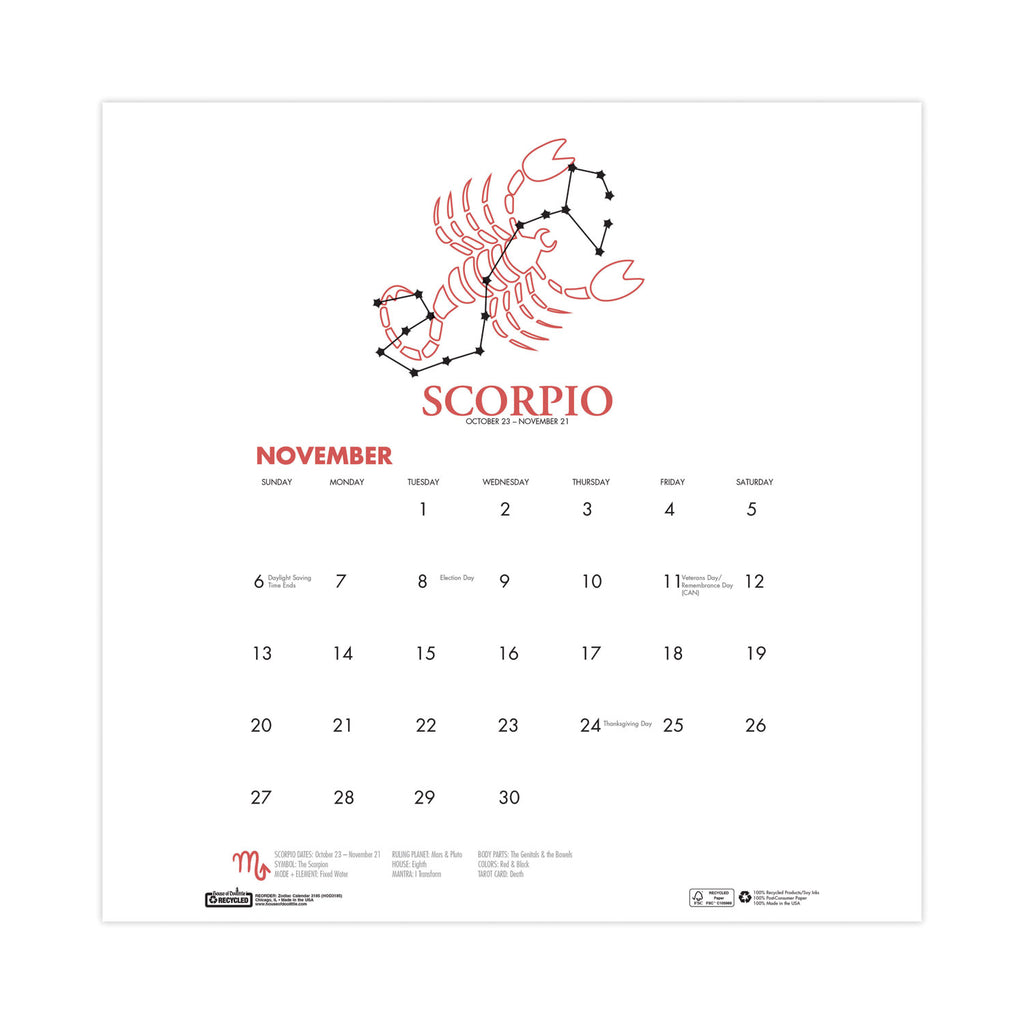 Recycled Academic Zodiac Wall Calendar, 11 x 14, Multicolor Sheets, 12-Month (Aug to July): 2023 to 2024