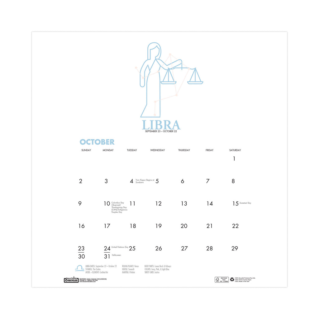 Recycled Academic Zodiac Wall Calendar, 11 x 14, Multicolor Sheets, 12-Month (Aug to July): 2023 to 2024