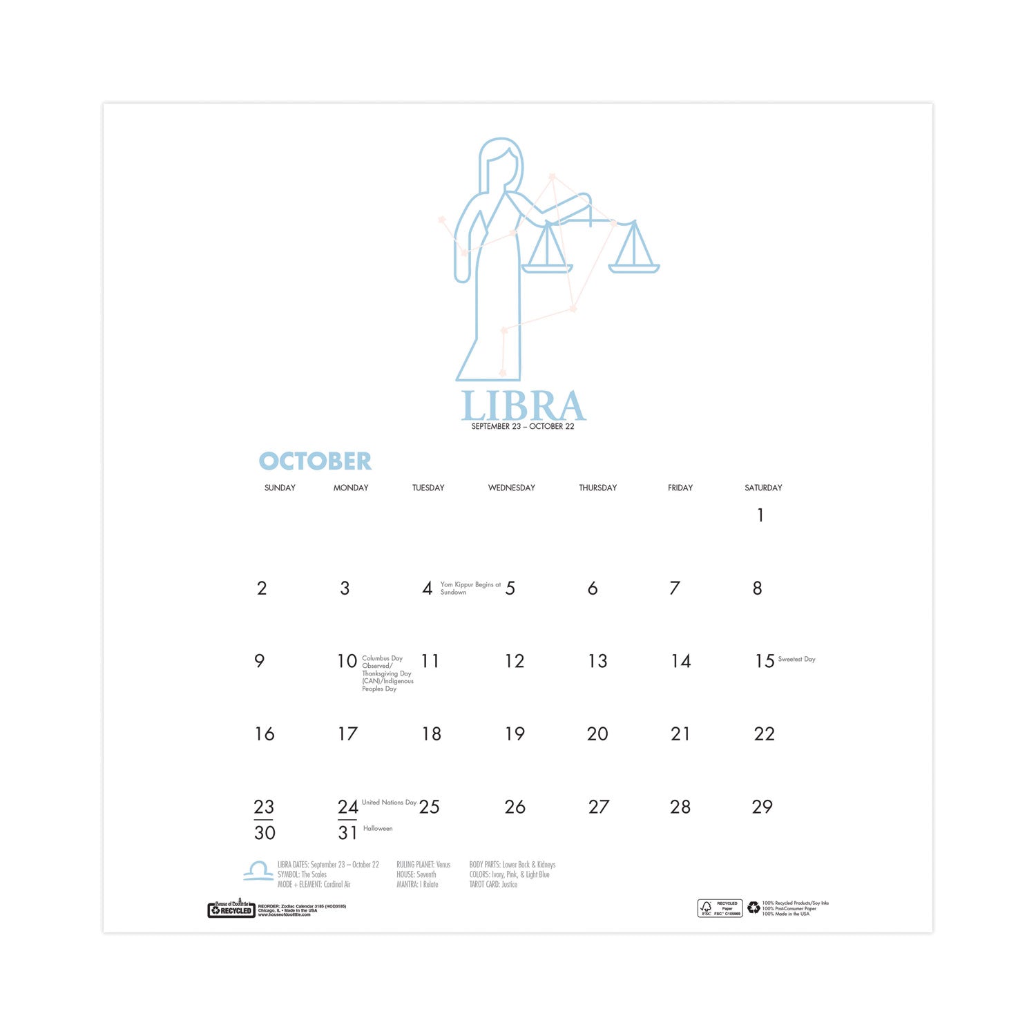 Recycled Academic Zodiac Wall Calendar, 11 x 14, Multicolor Sheets, 12-Month (Aug to July): 2023 to 2024