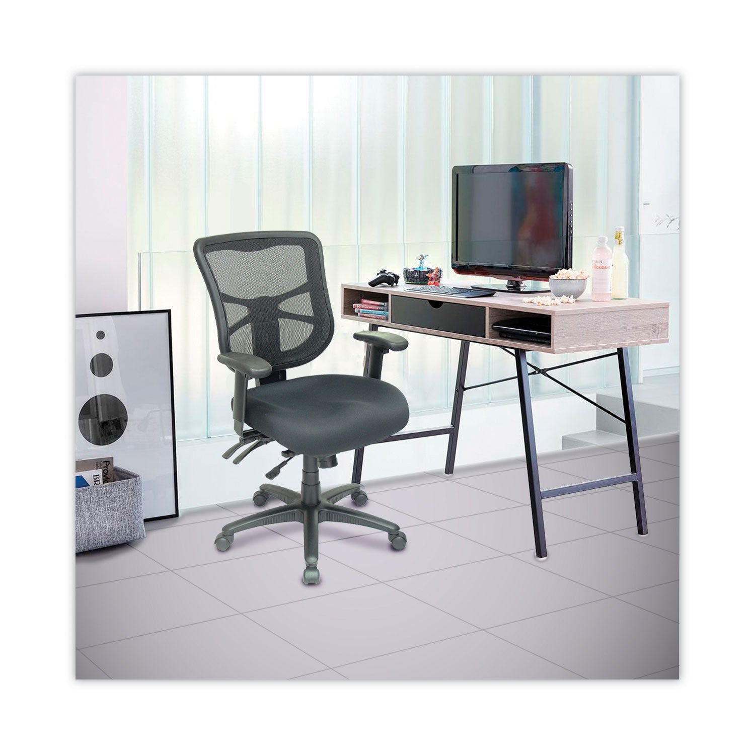 Alera Elusion Series Mesh Mid-Back Multifunction Chair, Prem Fabric, Supports Up to 275 lb, 17.7" to 21.4" Seat Height, Black - 