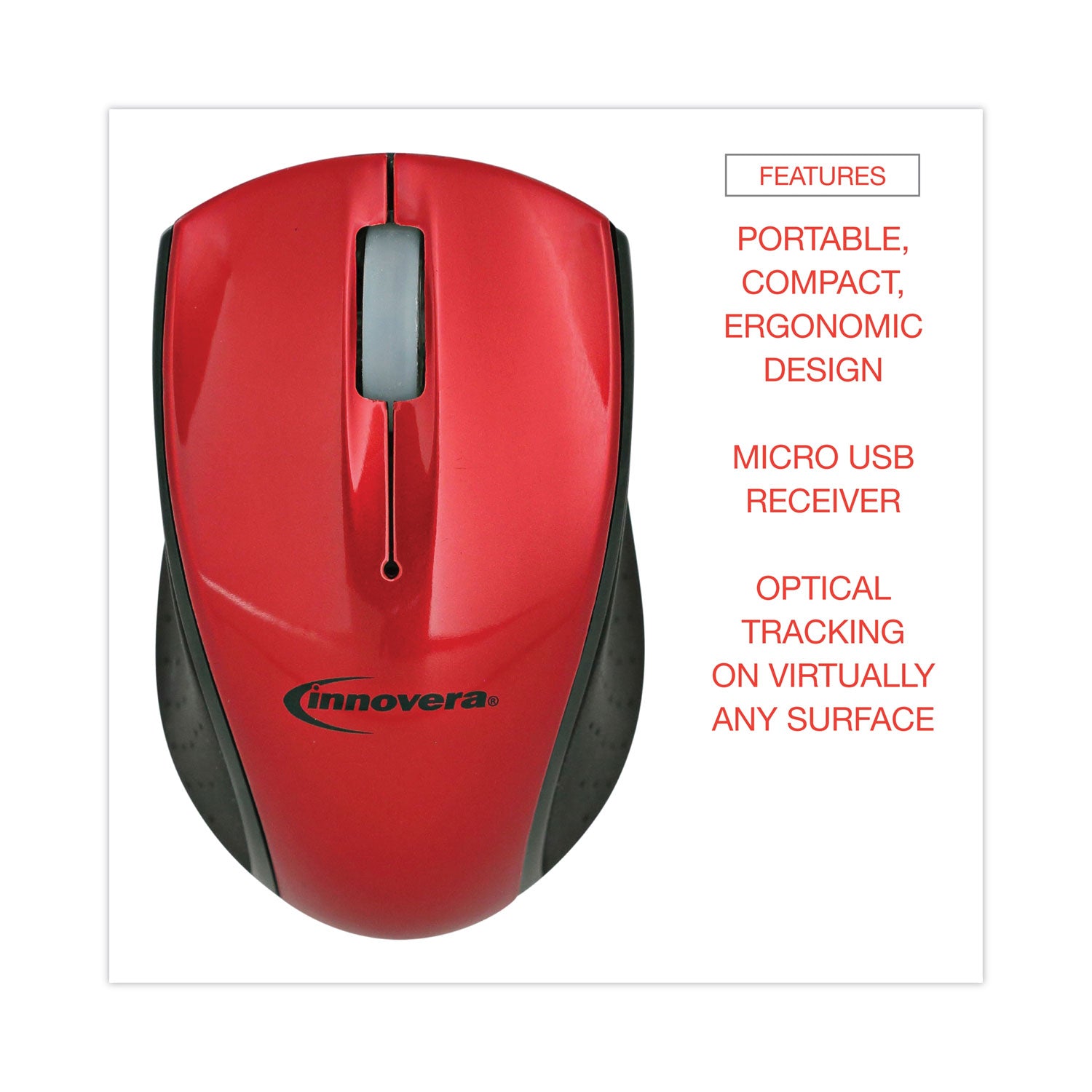 Mini Wireless Optical Mouse, 2.4 GHz Frequency/30 ft Wireless Range, Left/Right Hand Use, Red/Black - 