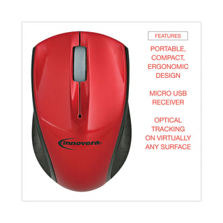 Mini Wireless Optical Mouse, 2.4 GHz Frequency/30 ft Wireless Range, Left/Right Hand Use, Red/Black - 
