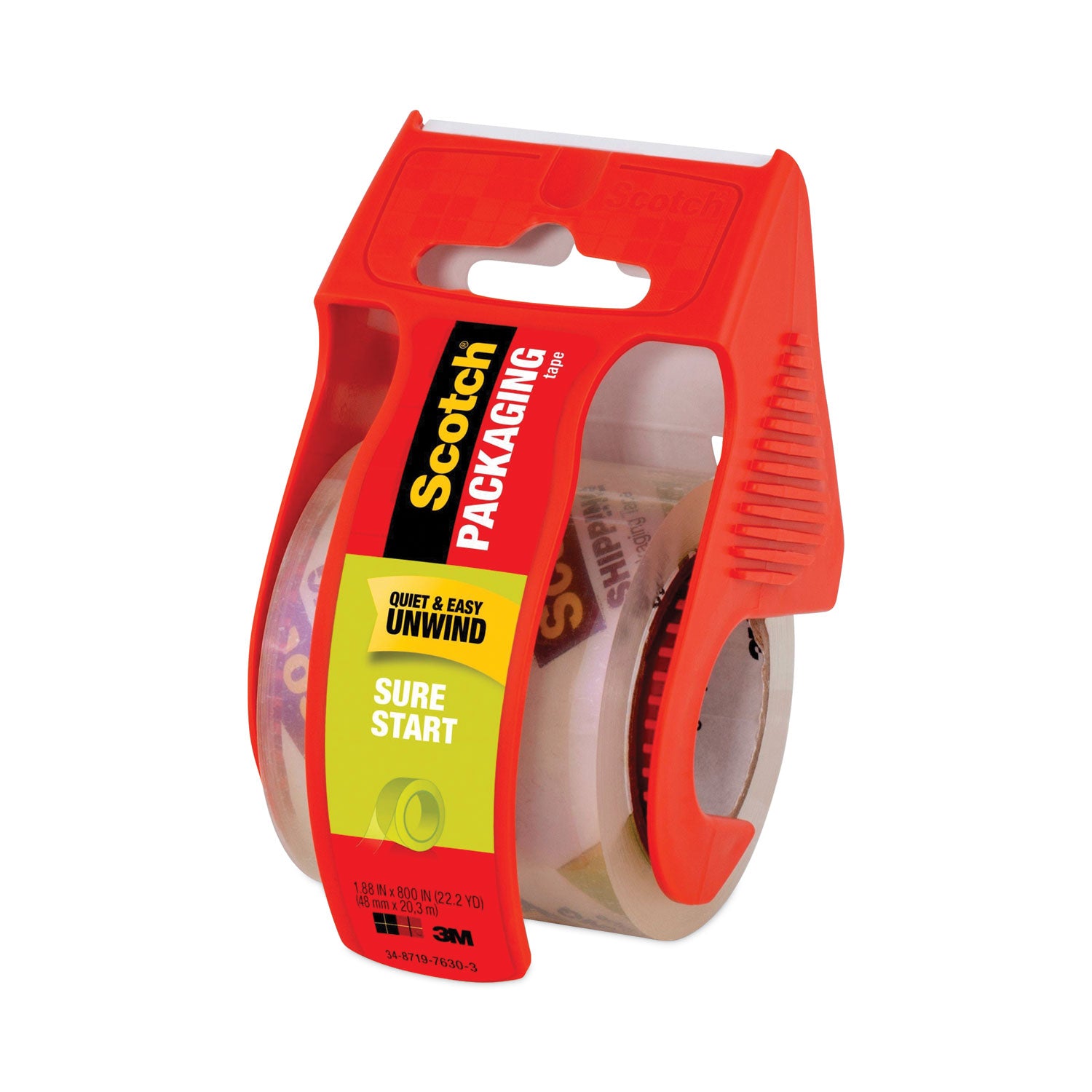 Sure Start Packaging Tape with Dispenser, 1.5" Core, 1.88" x 22.2 yds, Clear - 