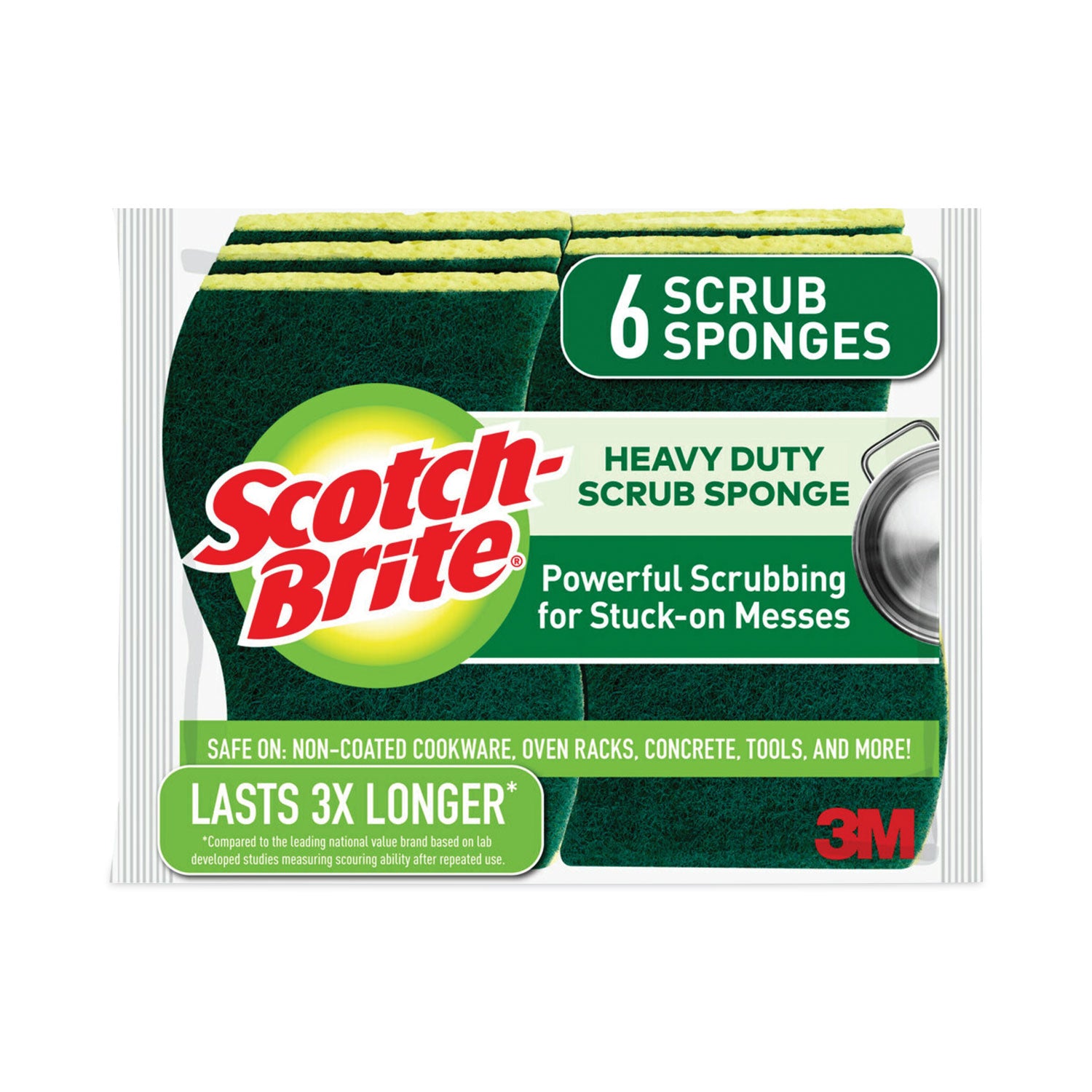Heavy-Duty Scrub Sponge, 4.5 x 2.7, 0.6" Thick, Yellow/Green, 6/Pack - 