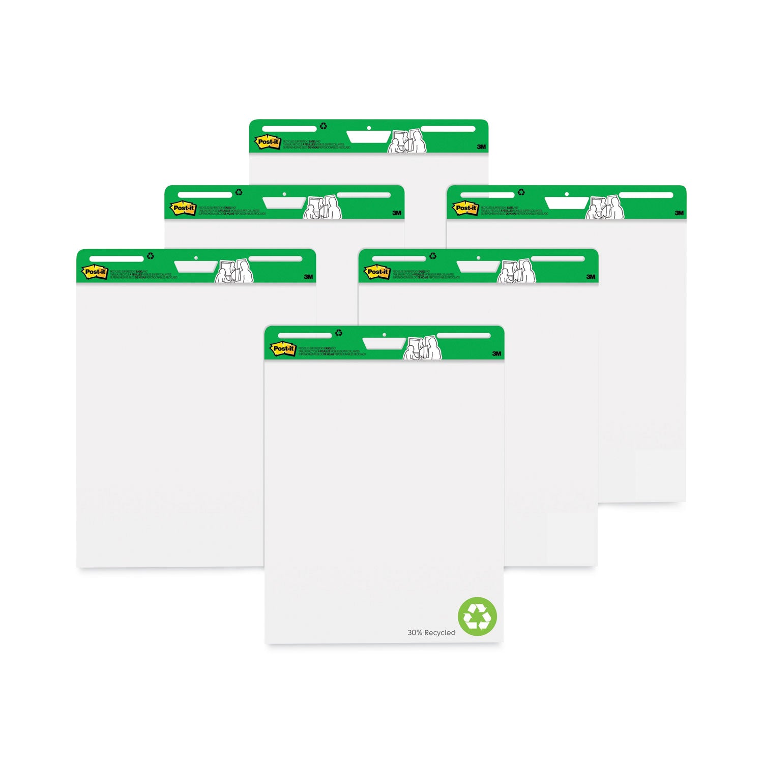 Vertical-Orientation Self-Stick Easel Pad Value Pack, Green Headband, Unruled, 25 x 30, White, 30 Sheets, 6/Carton - 