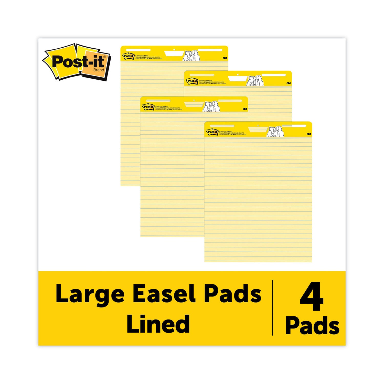 Vertical-Orientation Self-Stick Easel Pad Value Pack, Presentation Format (1.5" Rule), 25 x 30, Yellow, 30 Sheets, 4/Carton - 