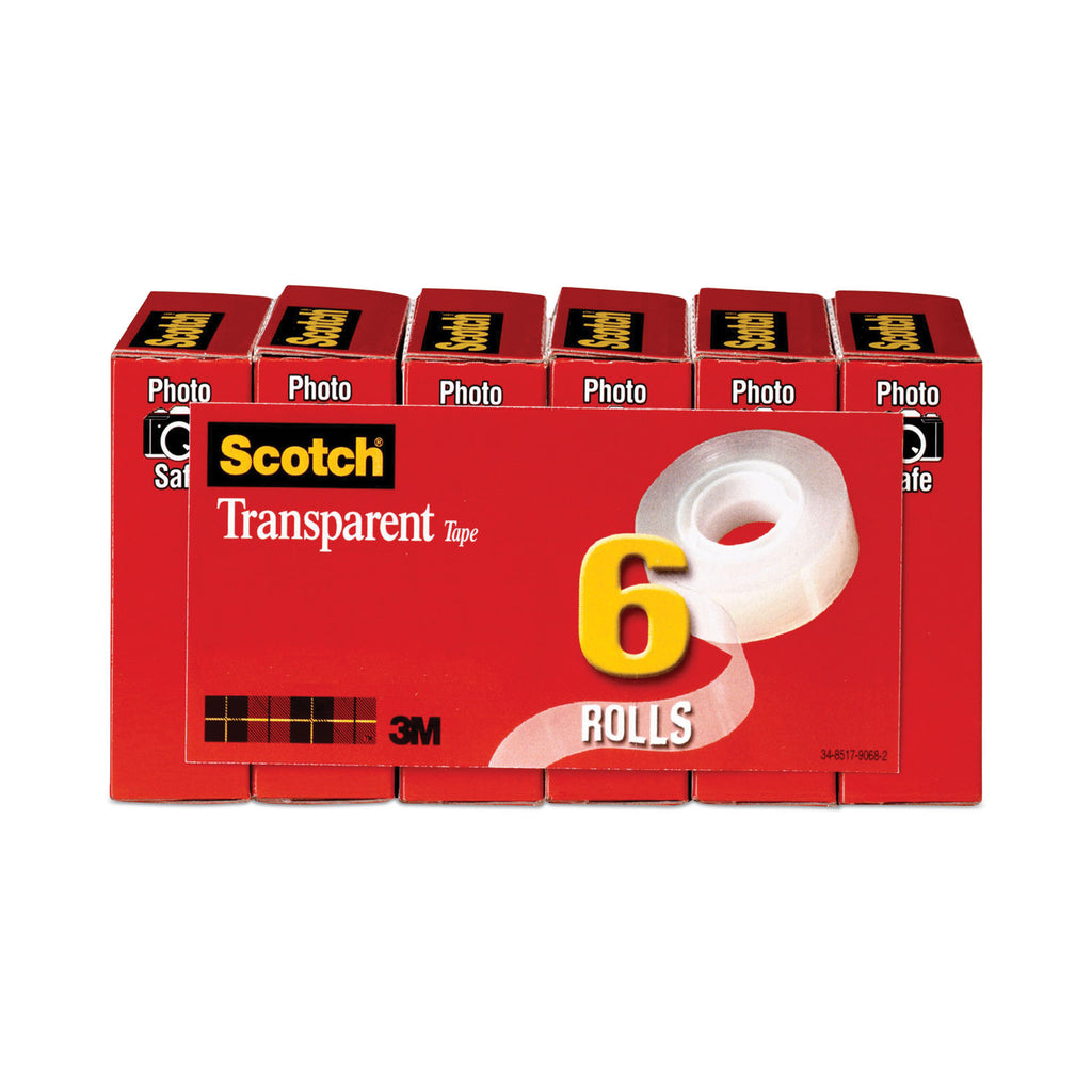 Transparent Tape, 1" Core, 0.75" x 83.33 ft, Transparent, 6/Pack