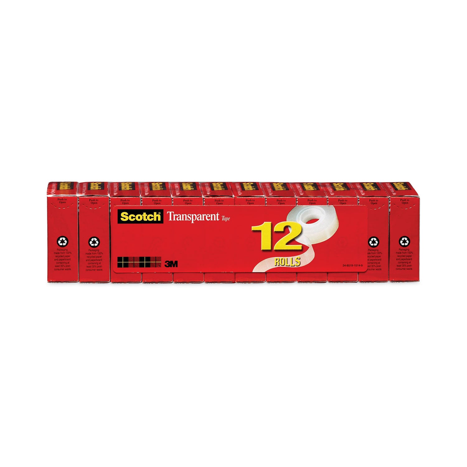 Transparent Tape, 1" Core, 0.75" x 83.33 ft, Transparent, 12/Pack