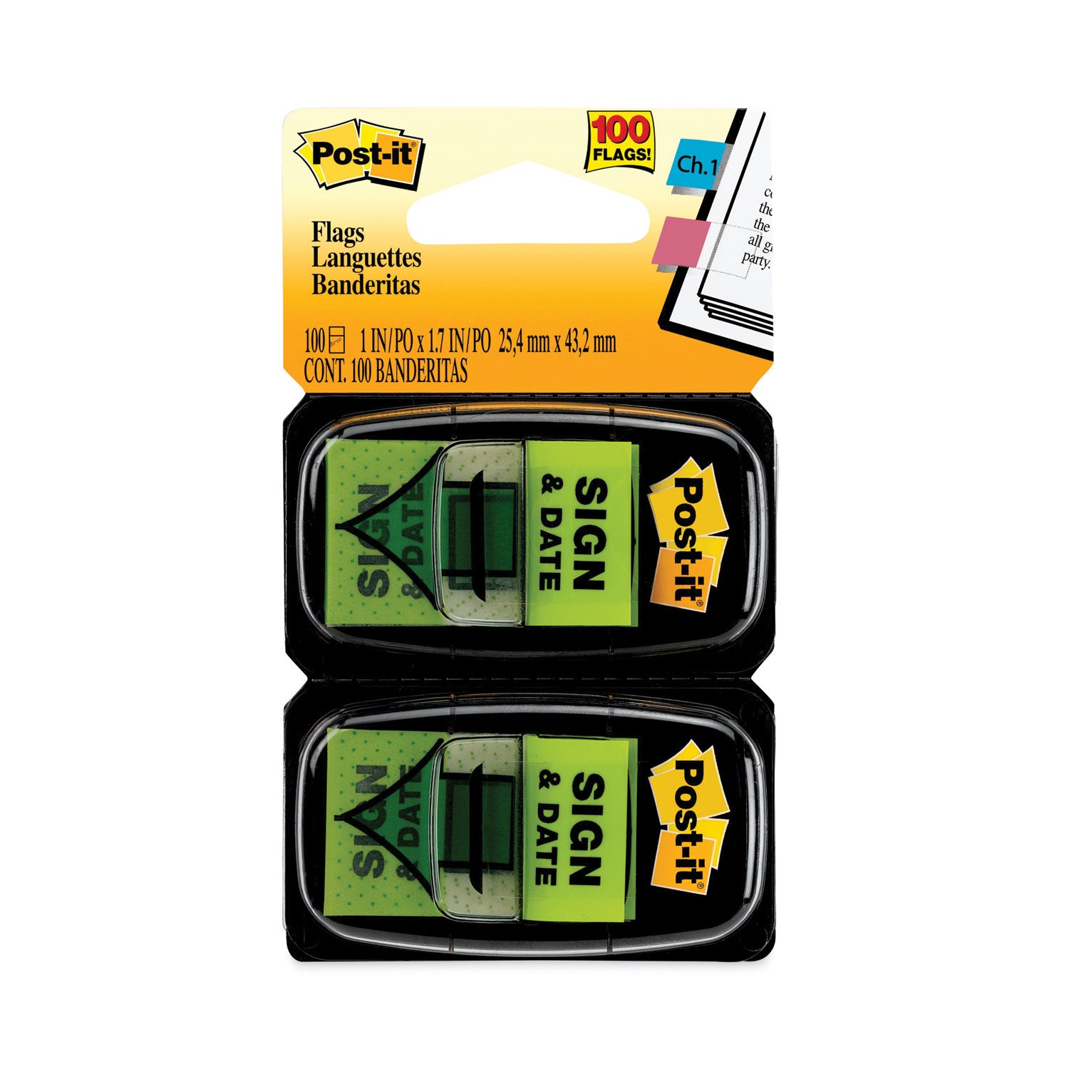 Arrow Message 1" Page Flags, "Sign and Date", Green, 50 Flags/Dispenser, 2 Dispensers/Pack