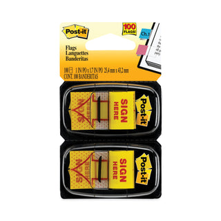 Arrow Message 1" Page Flags, "Sign Here", Yellow, 50 Flags/Dispenser, 2 Dispensers/Pack