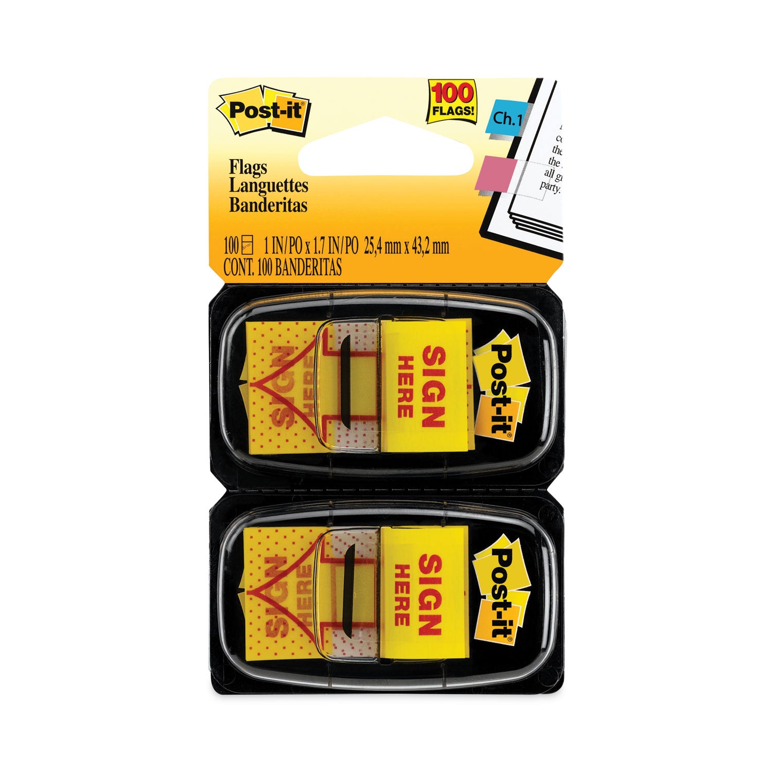Arrow Message 1" Page Flags, "Sign Here", Yellow, 50 Flags/Dispenser, 2 Dispensers/Pack - 