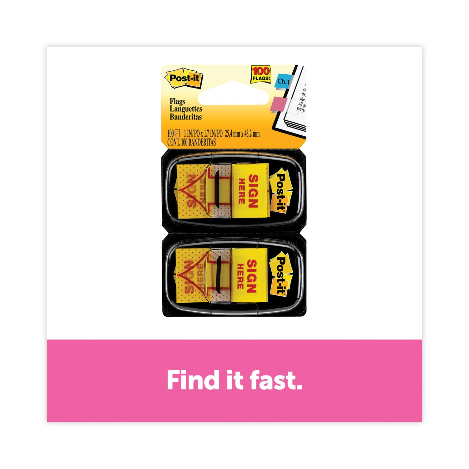 Arrow Message 1" Page Flags, "Sign Here", Yellow, 50 Flags/Dispenser, 2 Dispensers/Pack