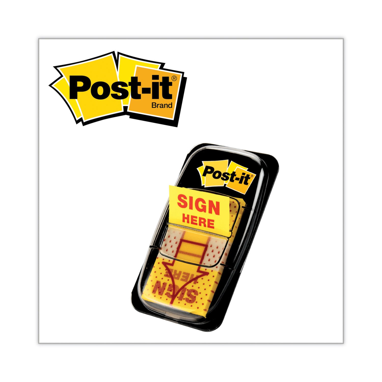Arrow Message 1" Page Flags, Sign Here, Yellow, 50 Flags/Dispenser, 12 Dispensers/Pack - 
