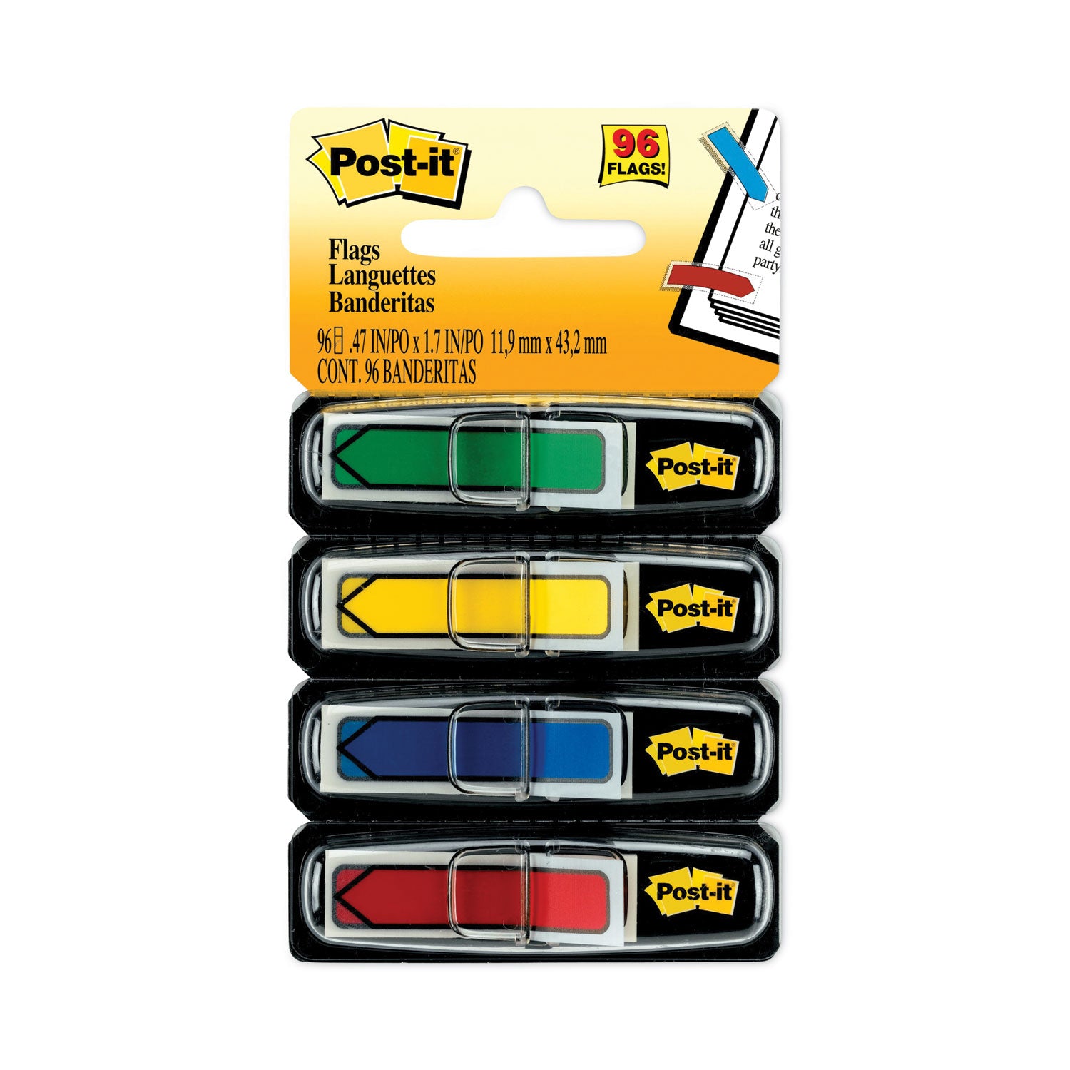 Arrow 0.5" Page Flags, Assorted Primary, 24/Color, 96 Flags/Pack