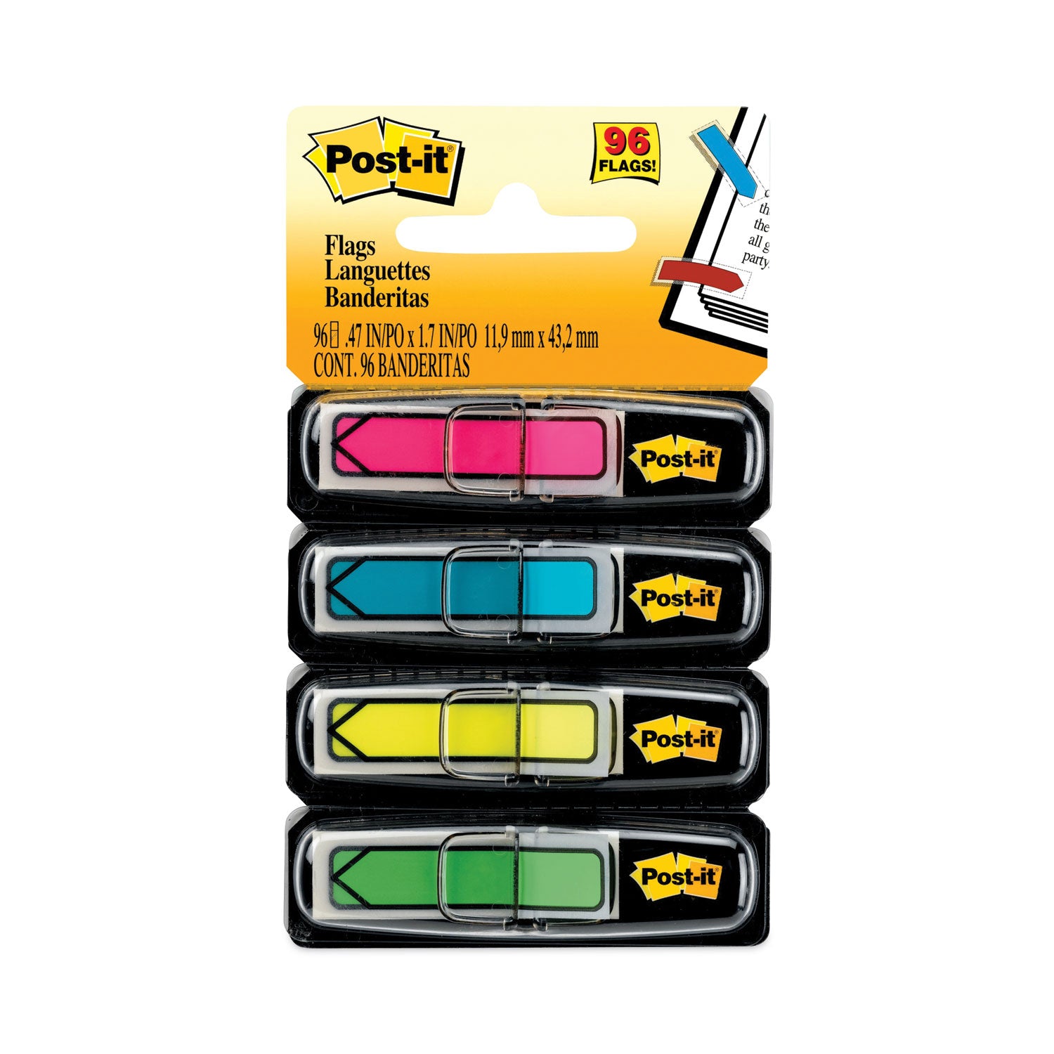 Arrow 0.5" Page Flags, Four Assorted Bright Colors, 24/Color, 96 Flags/Pack - 