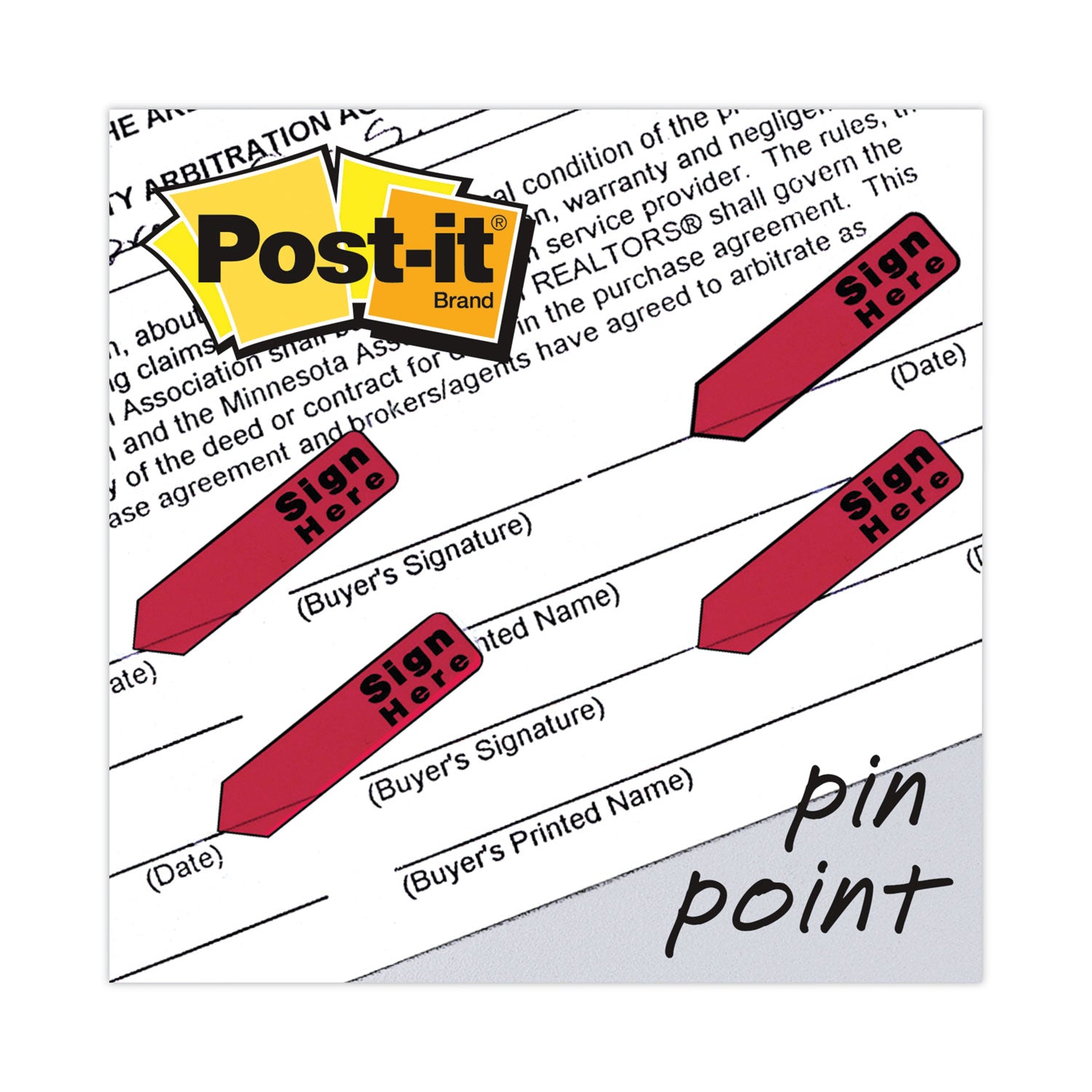 Arrow Message 0.5" Page Flags in Dispenser, "Sign Here", Red, 20 Flags Dispenser, 4 Dispensers/Pack - 