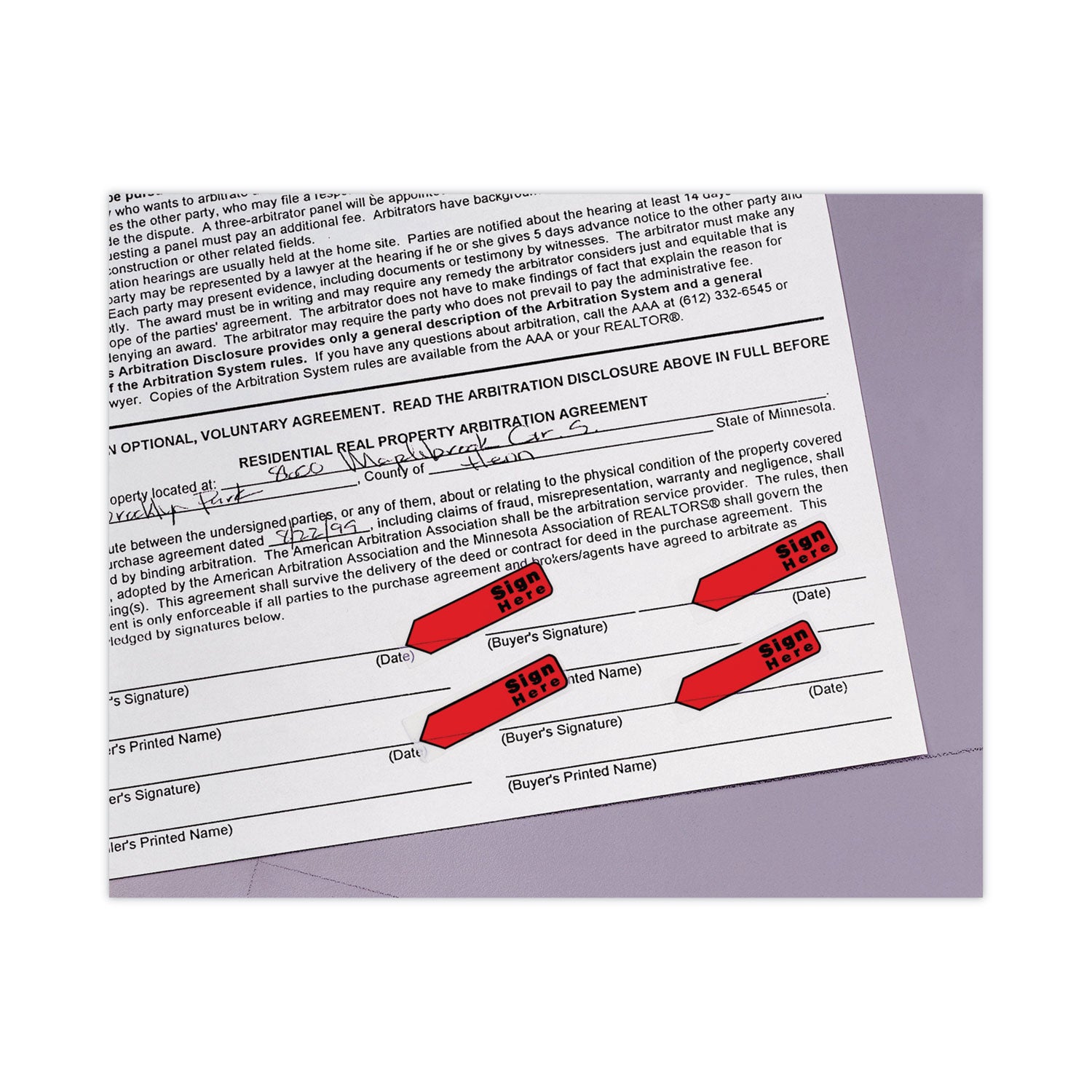 Arrow Message 0.5" Page Flags in Dispenser, "Sign Here", Red, 20 Flags Dispenser, 4 Dispensers/Pack