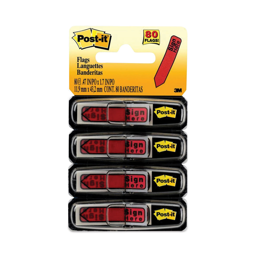 Arrow Message 0.5" Page Flags in Dispenser, "Sign Here", Red, 20 Flags Dispenser, 4 Dispensers/Pack - 