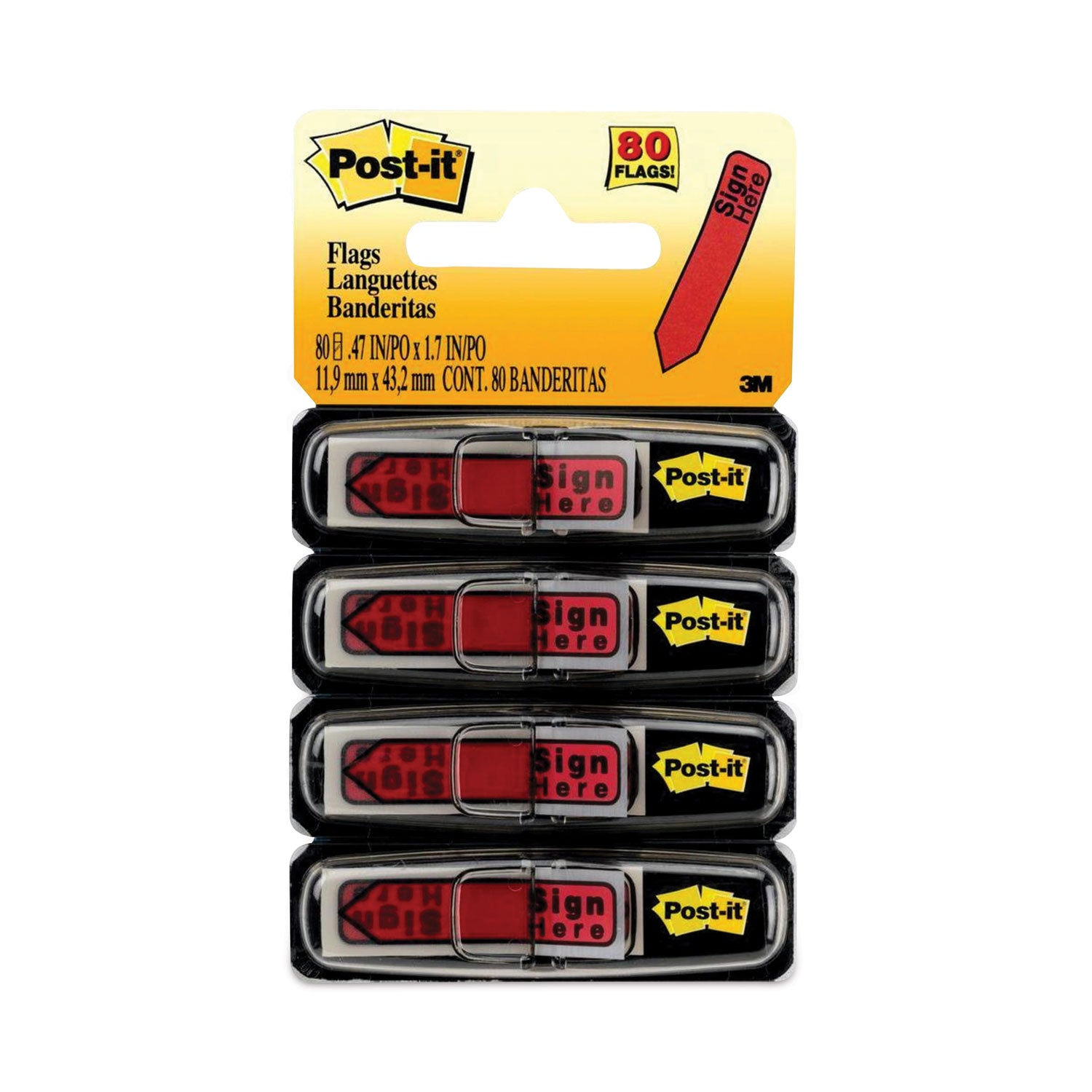 Arrow Message 0.5" Page Flags in Dispenser, "Sign Here", Red, 20 Flags Dispenser, 4 Dispensers/Pack - 