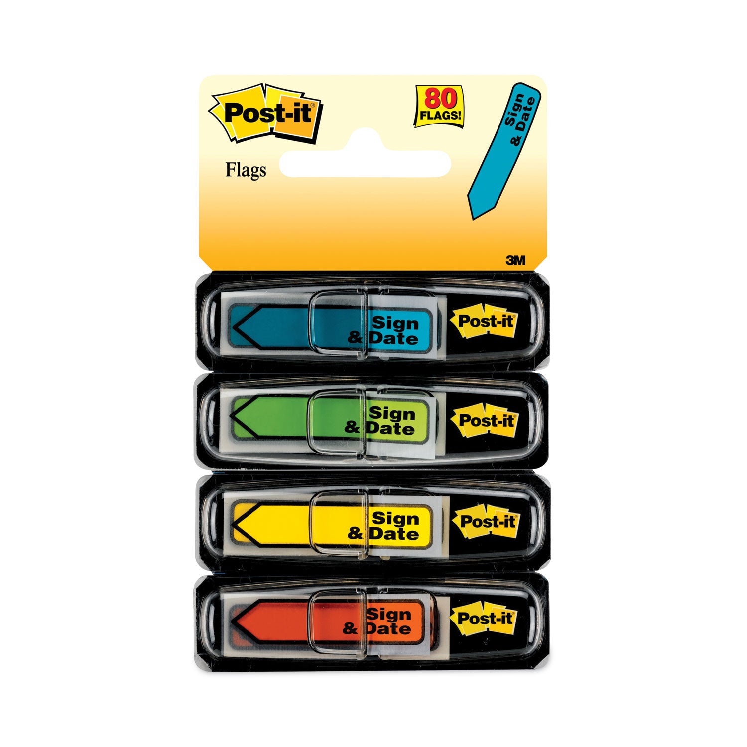 Arrow Message 0.5" Page Flags, Sign and Date, 4 Primary Colors, 20 Flags/Dispenser, 4 Dispensers/Pack - 