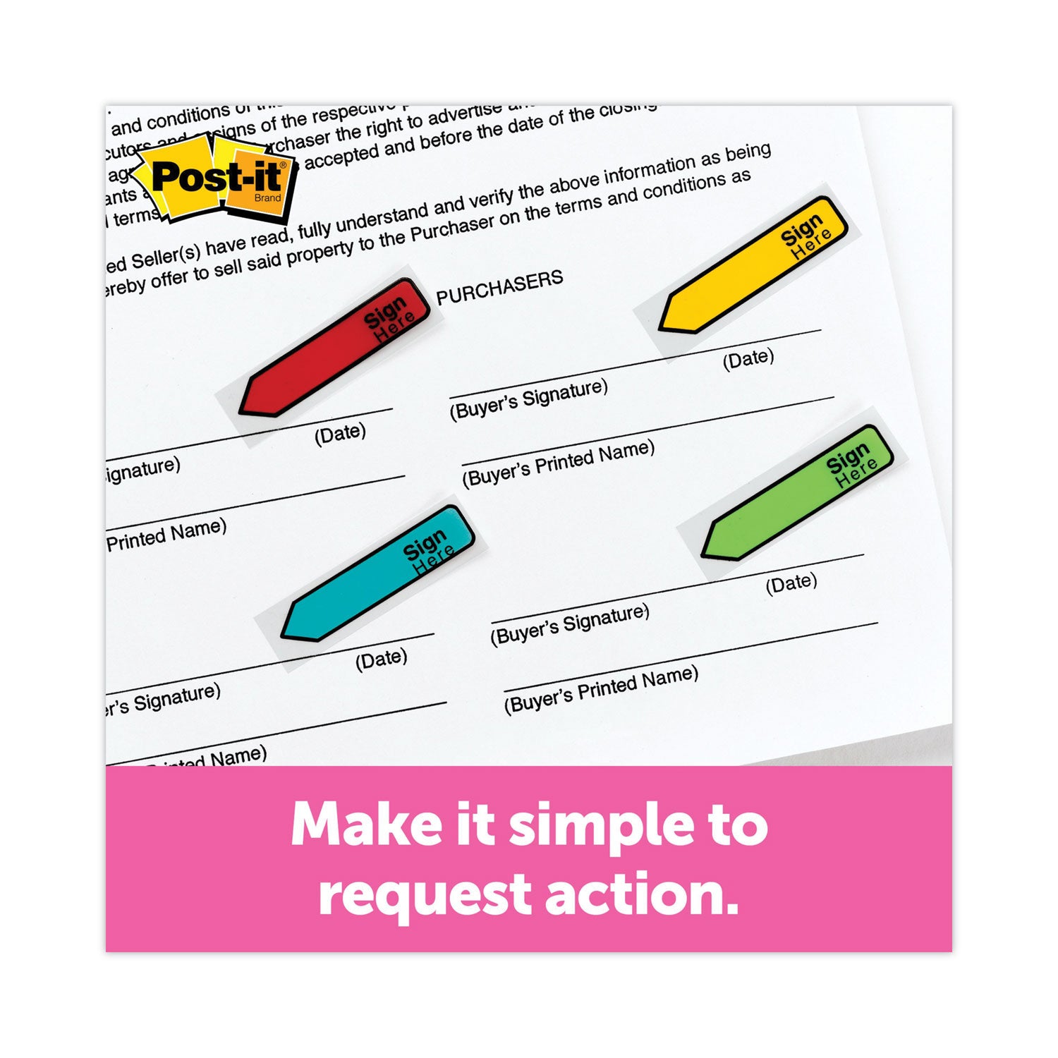 Arrow Message 0.5" Page Flags, Sign and Date, 4 Primary Colors, 20 Flags/Dispenser, 4 Dispensers/Pack - 