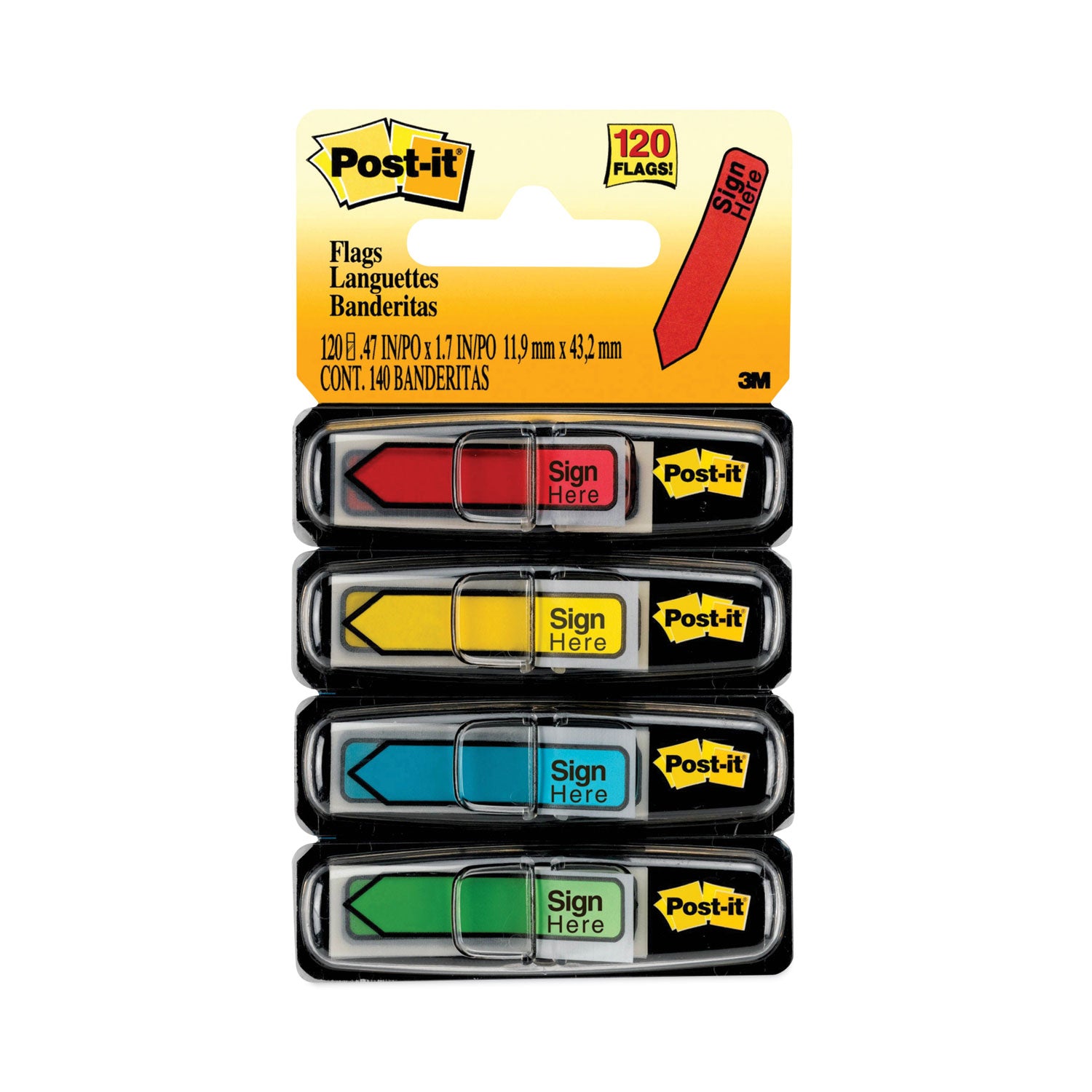 Arrow Message 0.5" Page Flags w/Dispensers, "Sign Here", Asst Primary, 30 Flags Dispenser, 4 Dispensers/Pack