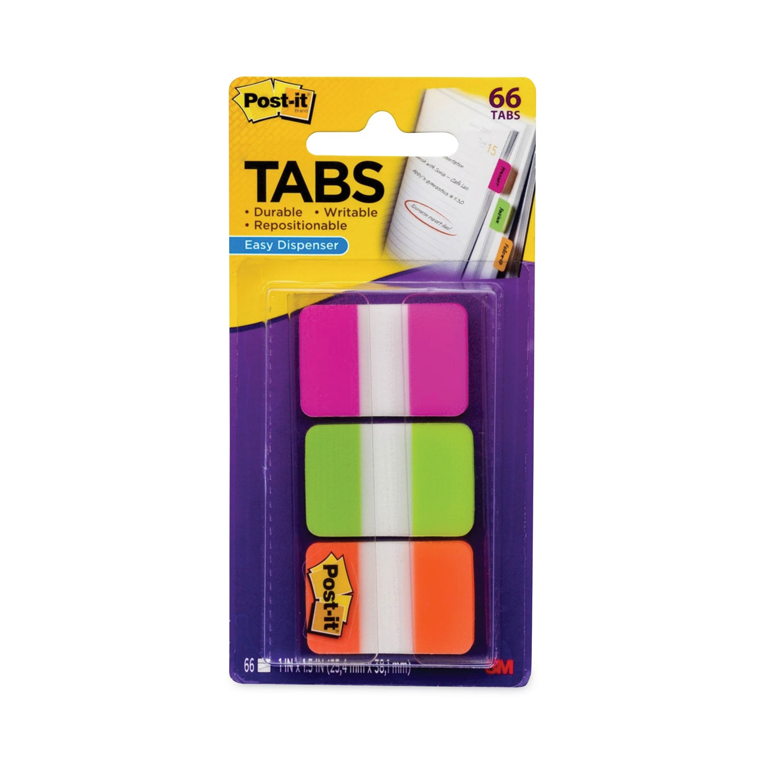 1" Plain Solid Color Tabs, 1/5-Cut, Assorted Bright Colors, 1" Wide, 66/Pack - 