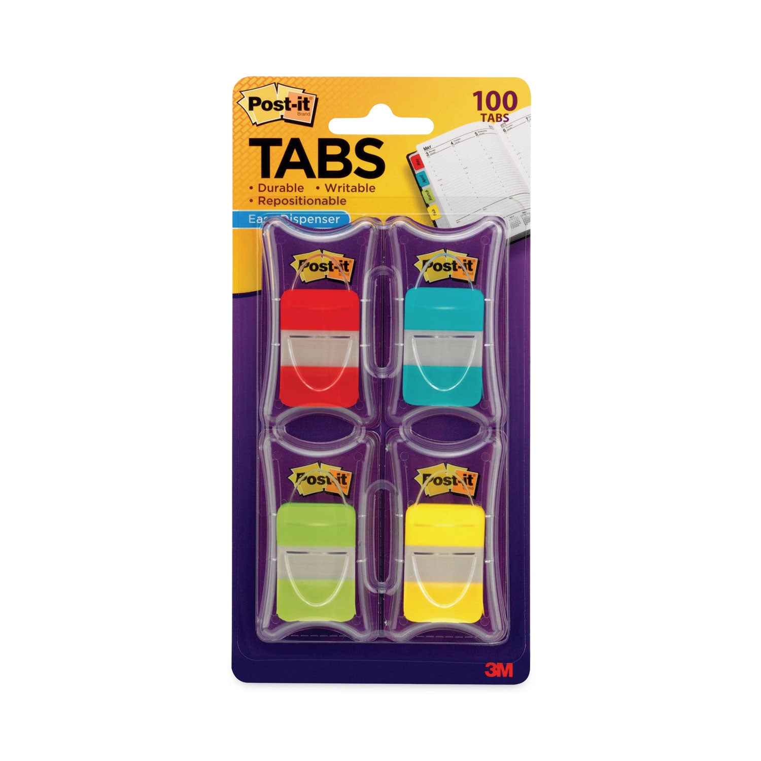1" Plain Solid Color Tabs, 1/5-Cut, Assorted Colors, 1" Wide, 100/Pack - 
