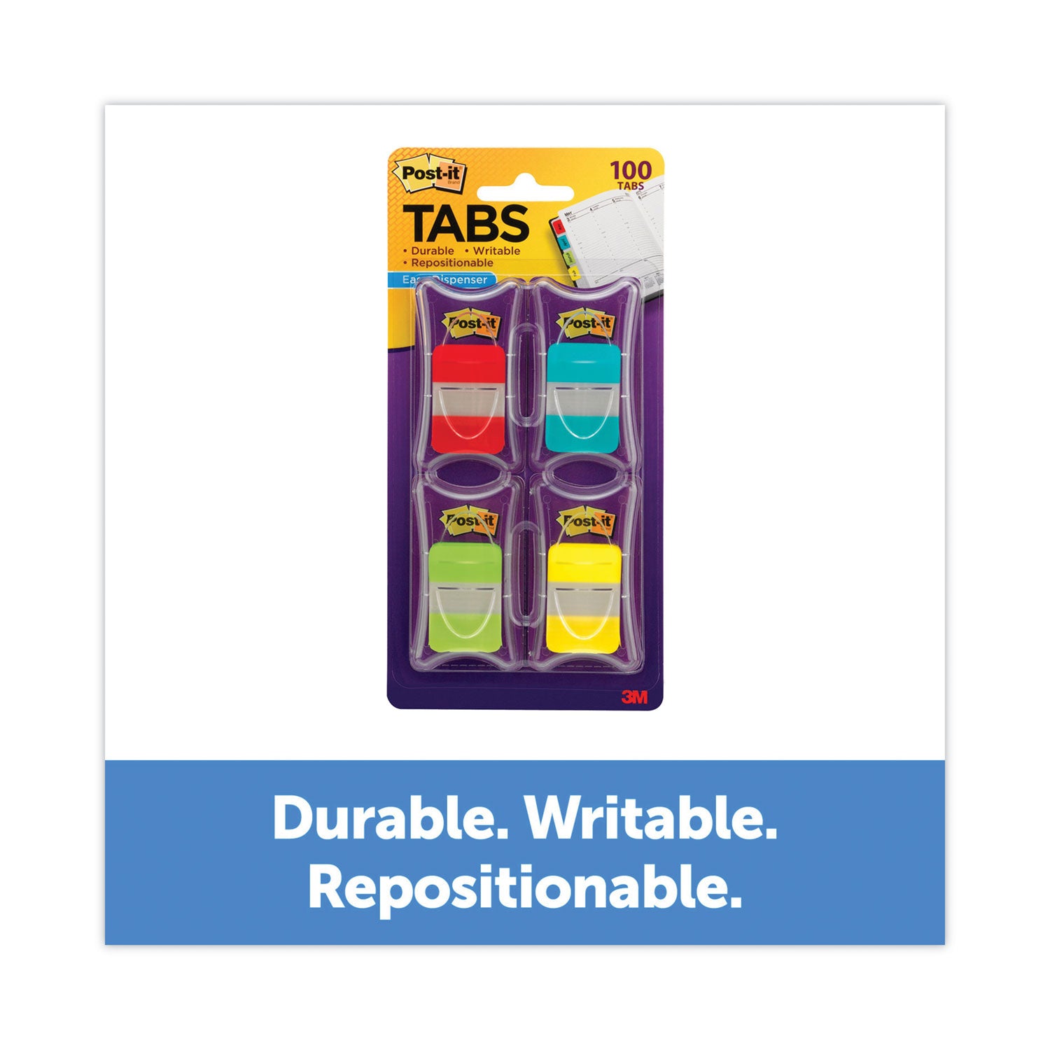 1" Plain Solid Color Tabs, 1/5-Cut, Assorted Colors, 1" Wide, 100/Pack